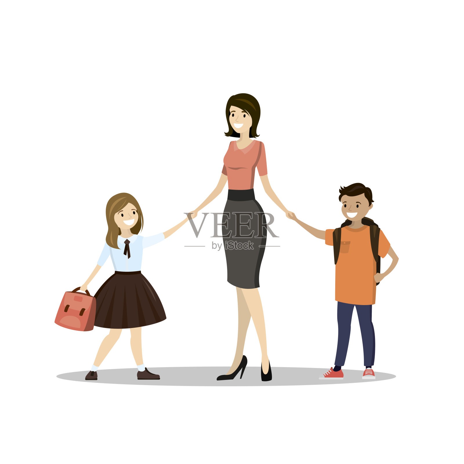 幸福的家庭——母亲，女儿和儿子，学生和男孩，插画图片素材
