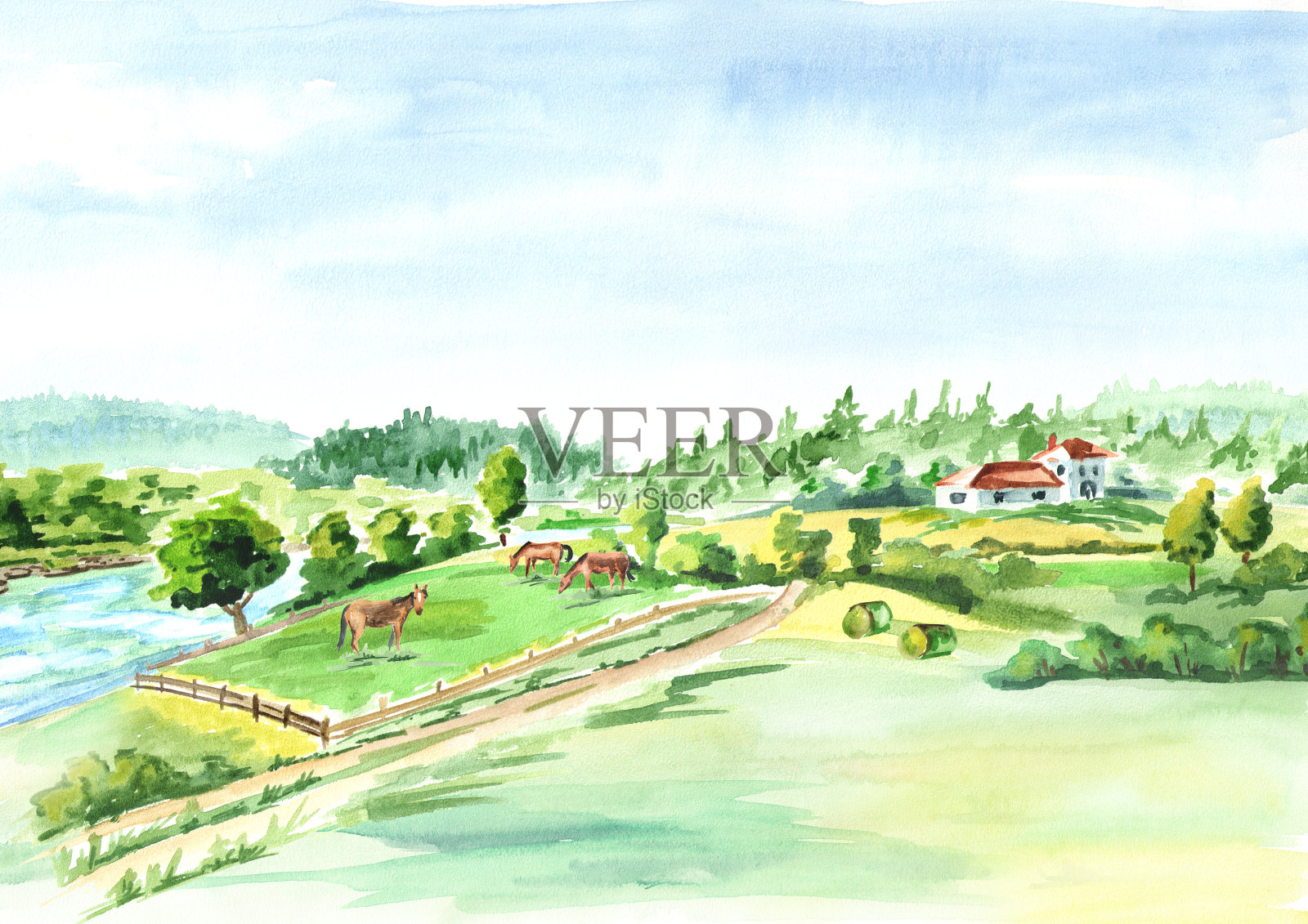 有河流和农场的乡村景观。水彩手绘背景插画图片素材
