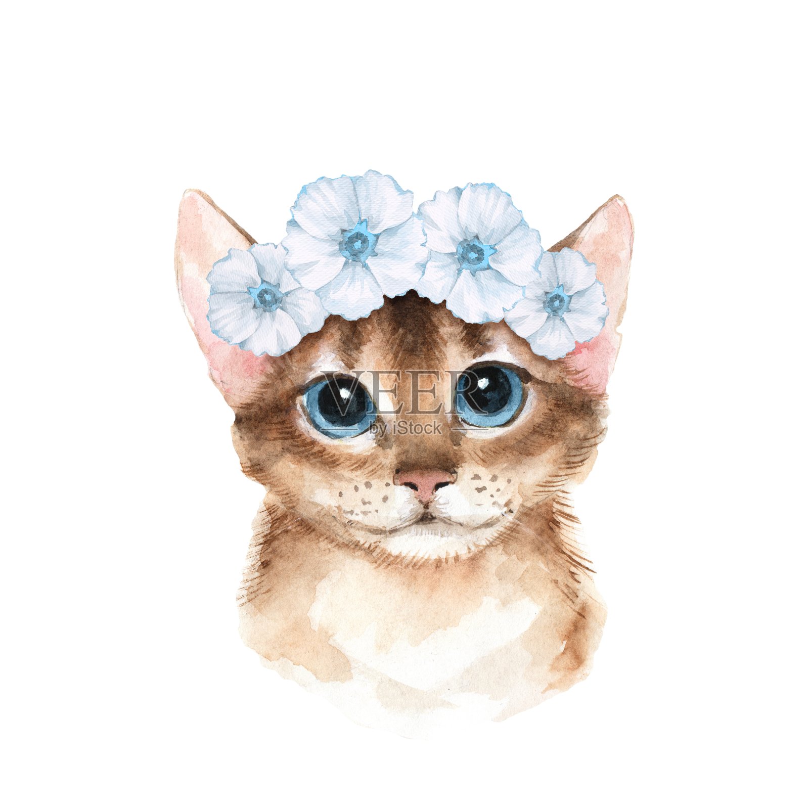 猫在花环。水彩插图插画图片素材