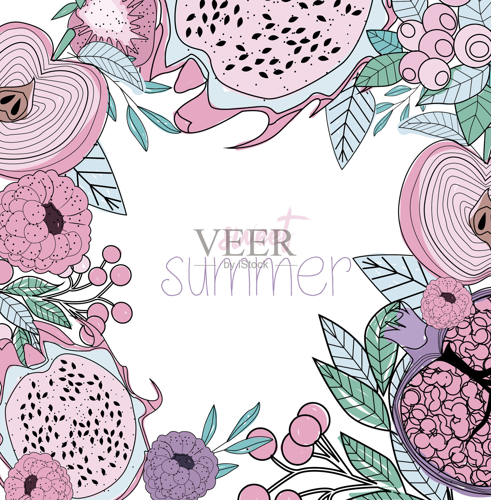 色彩柔和的水果和浆果夏季海报插画图片素材