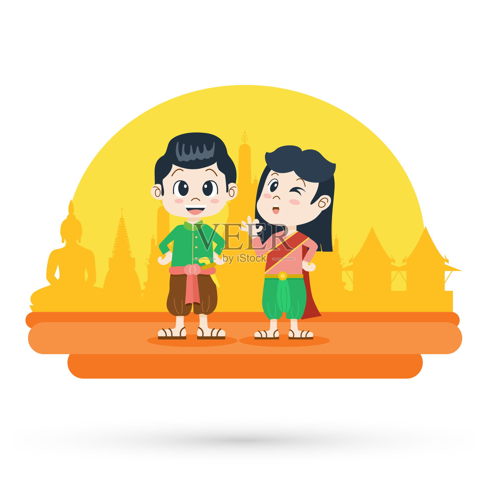可爱的卡通男人和女人在泰国传统服装，矢量插图插画图片素材