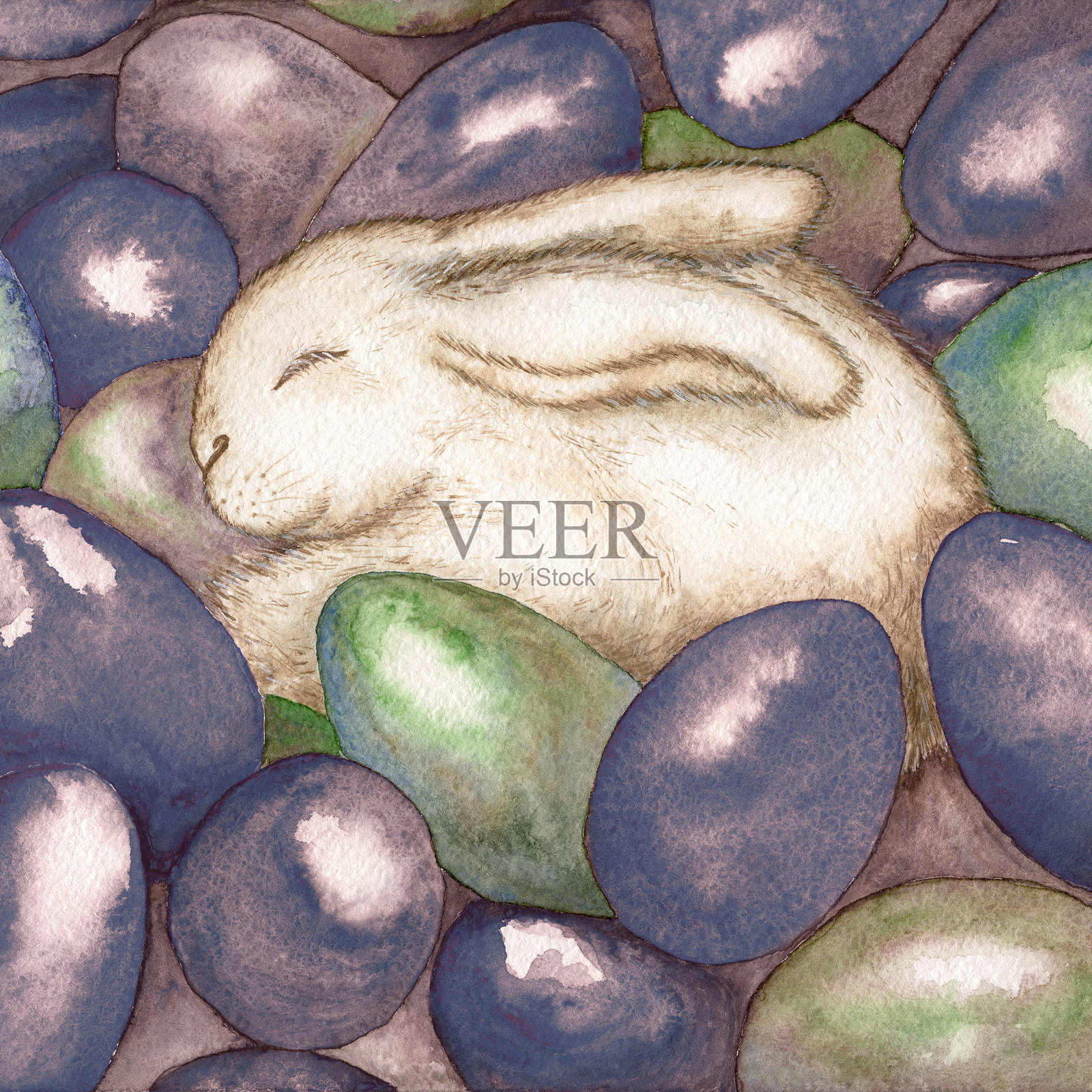 复活节兔子睡在蓝色和绿色的蛋里。插画图片素材