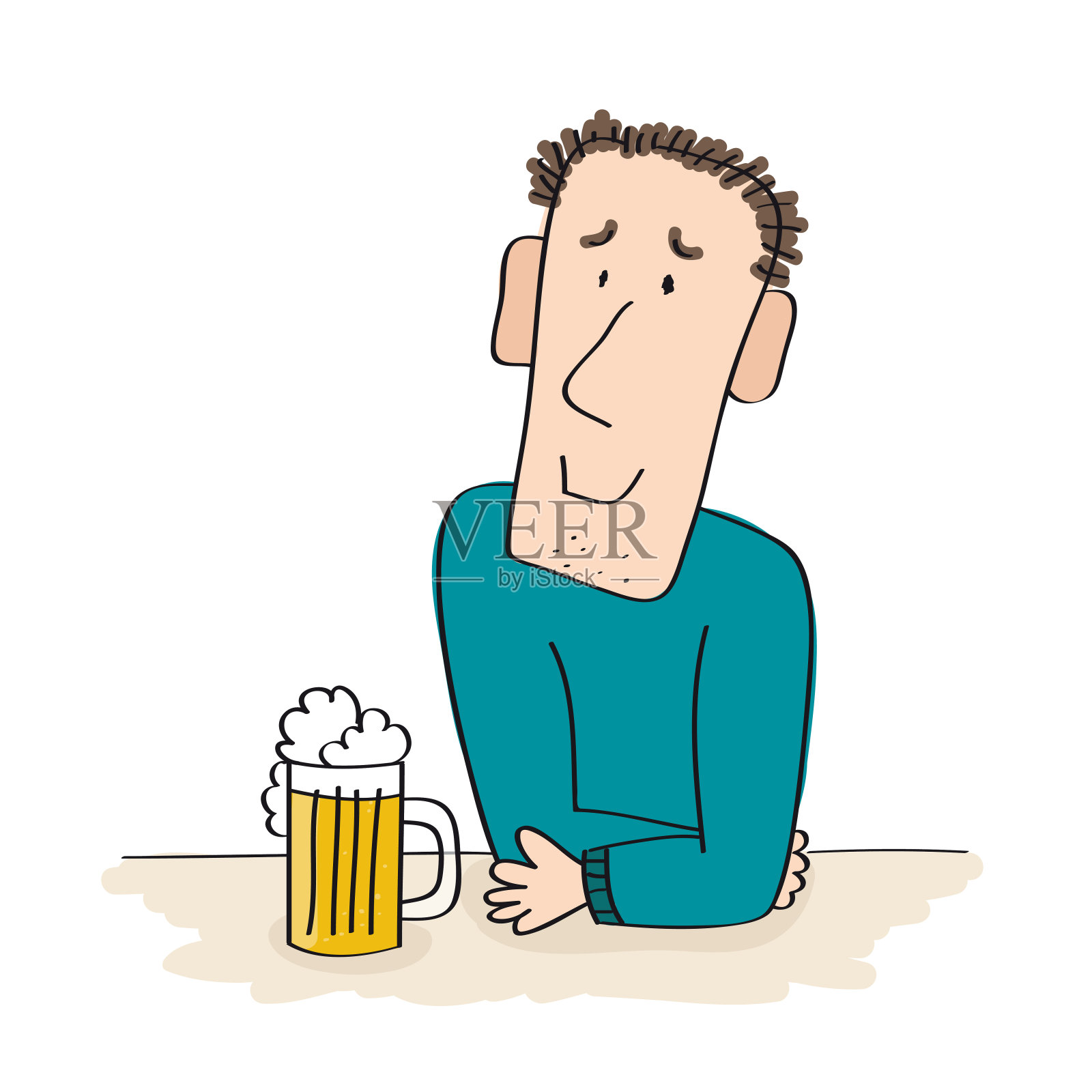 坐在酒吧桌子后面的快乐男人。他面前放着一大杯泡沫啤酒。原始手绘插图。插画图片素材