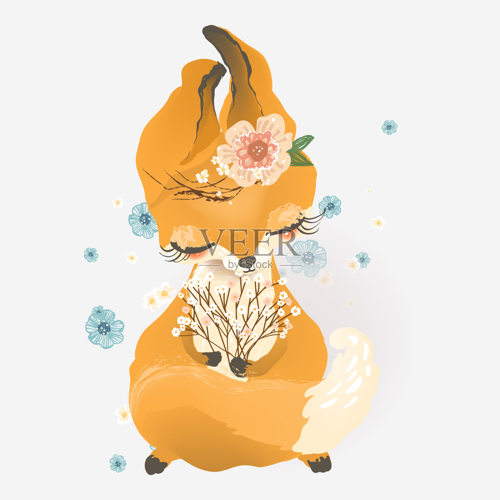 可爱的狐狸带着花，花束，花环设计元素图片