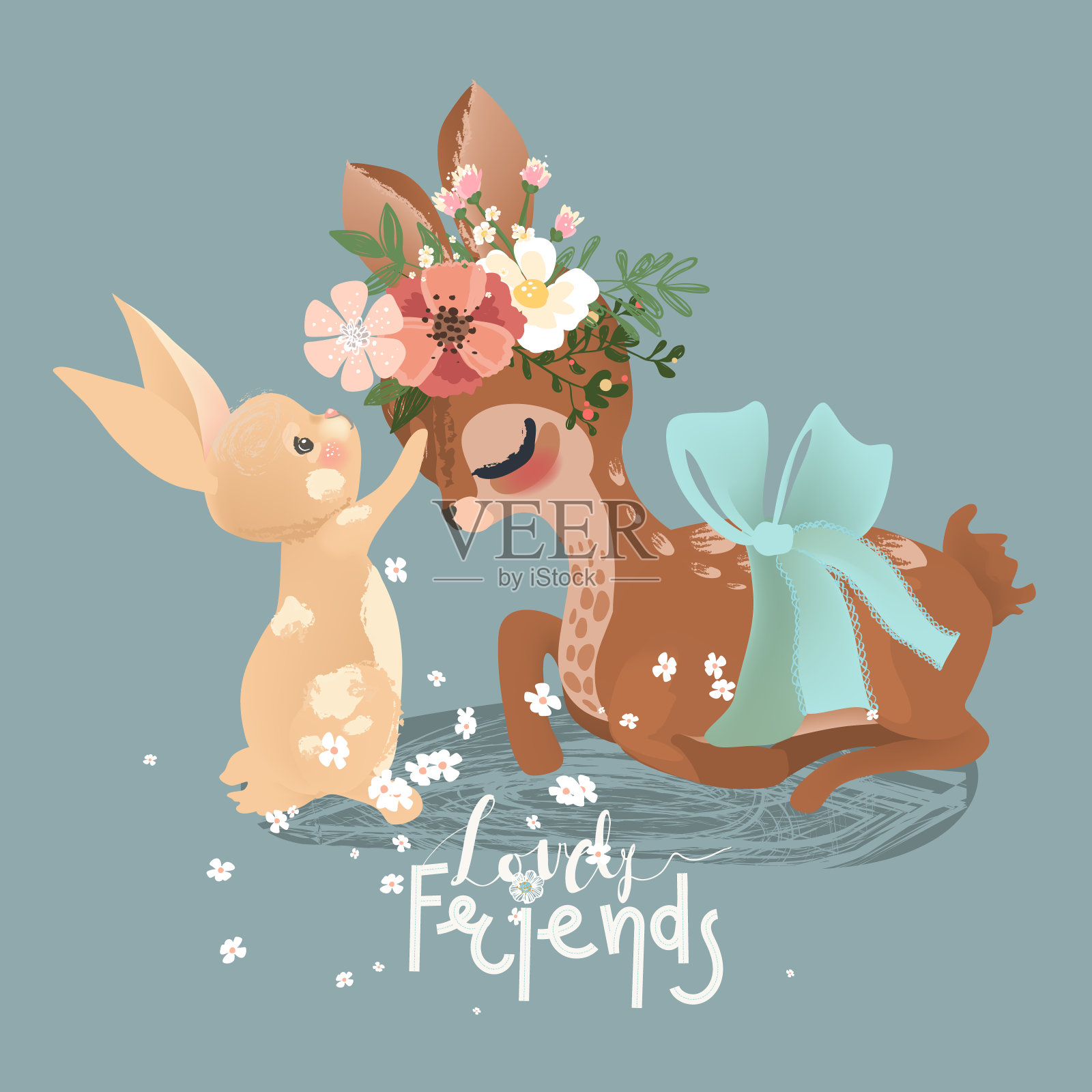 可爱的小鹿和小兔子带着花，花圈，花束和蝴蝶结插画图片素材