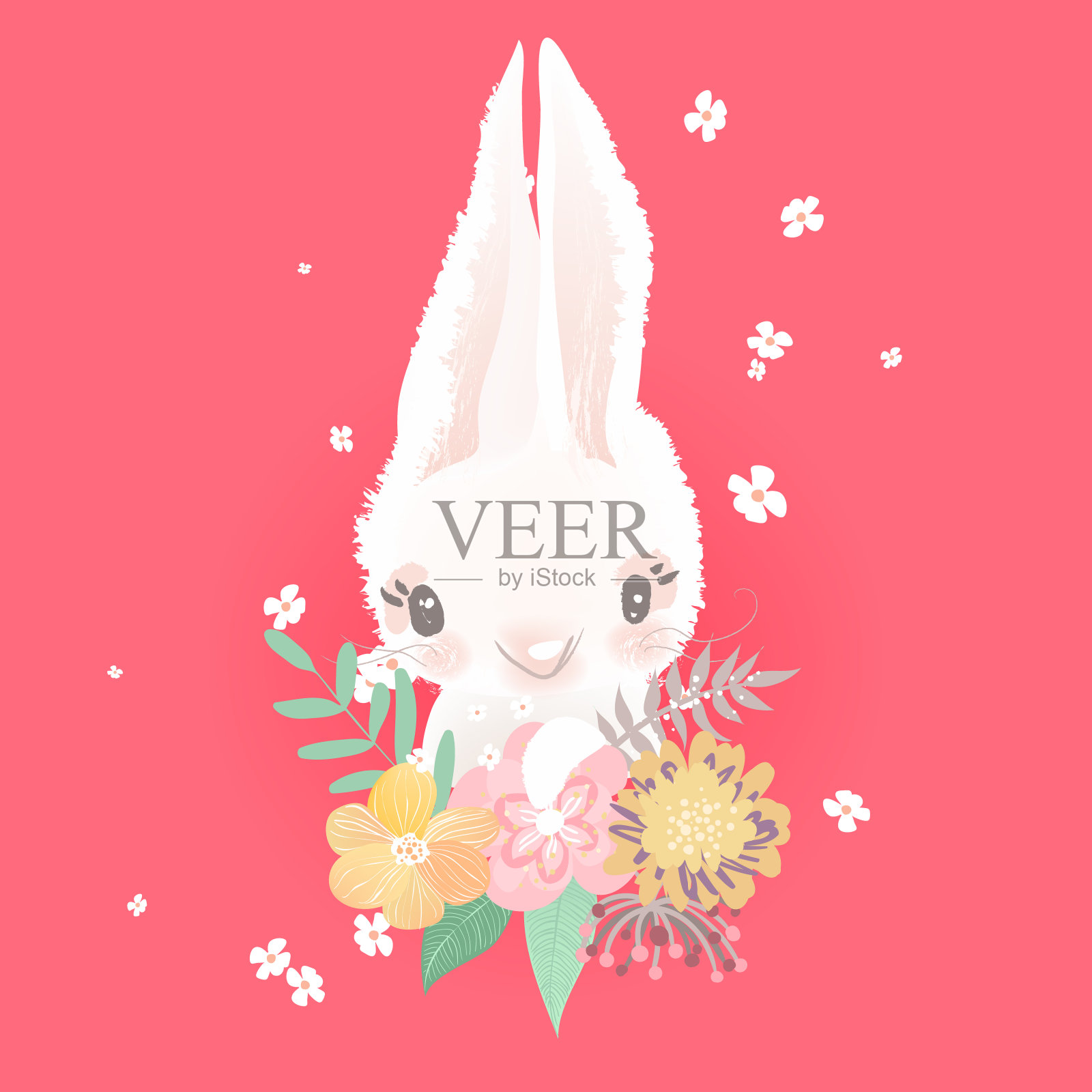 可爱的小兔子，带花的小兔子，花圈捧花设计元素图片