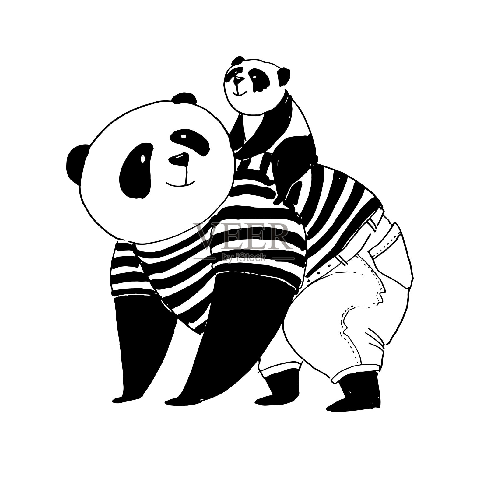 矢量黑白插图着色书。熊猫爸爸穿着黑色和白色的t恤，背着他的小儿子走了很远插画图片素材