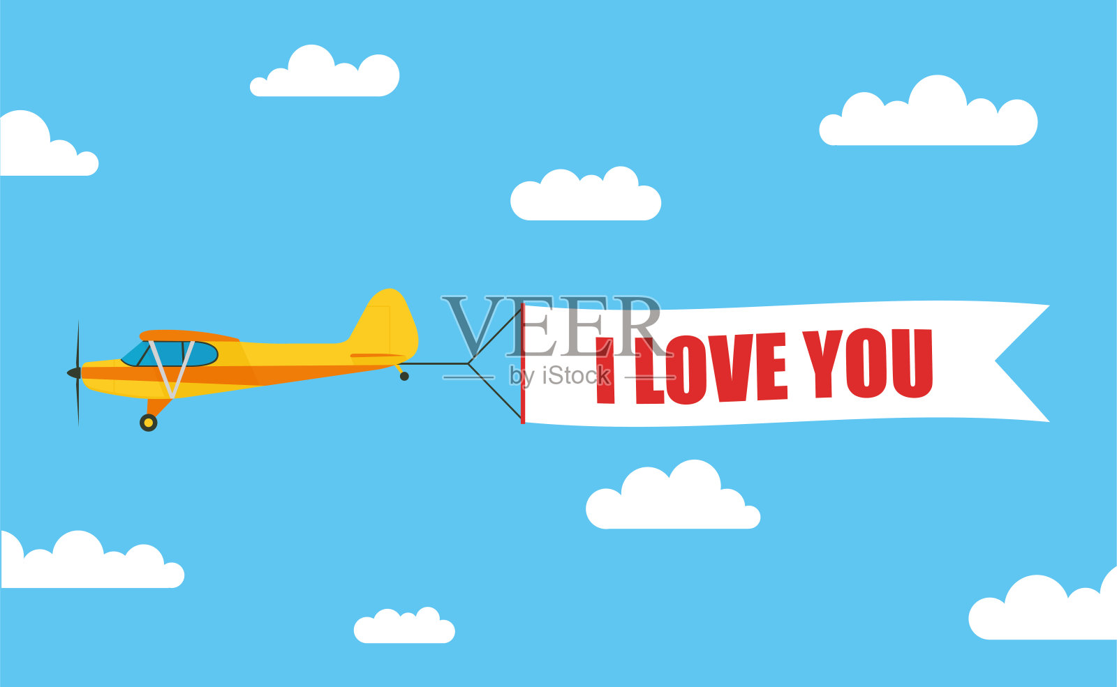悬挂着广告横幅，由轻型飞机拉出，上面写着“我爱你”——股票矢量。插画图片素材