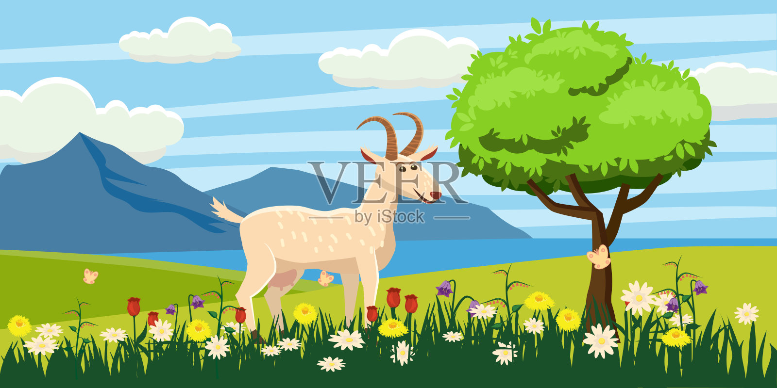山羊在草地上放牧的背景景观，太阳，日出，鲜花，卡通风格，矢量插图插画图片素材