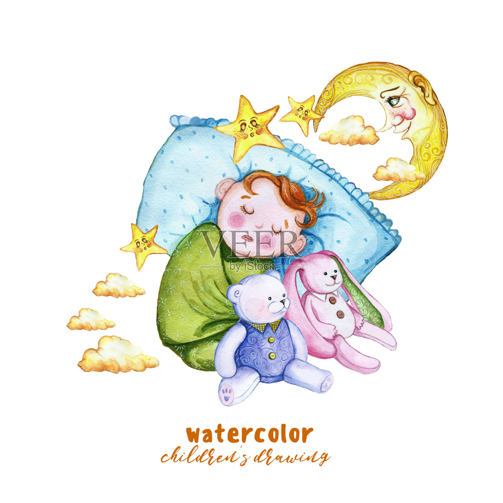 水彩画打印的儿童插画，一个孩子在尿布，婴儿是睡在枕头上，周围的星星和云彩，坐在旁边的一个柔软的玩具兔和熊，毛绒玩具为装饰和设计的儿童插画图片素材