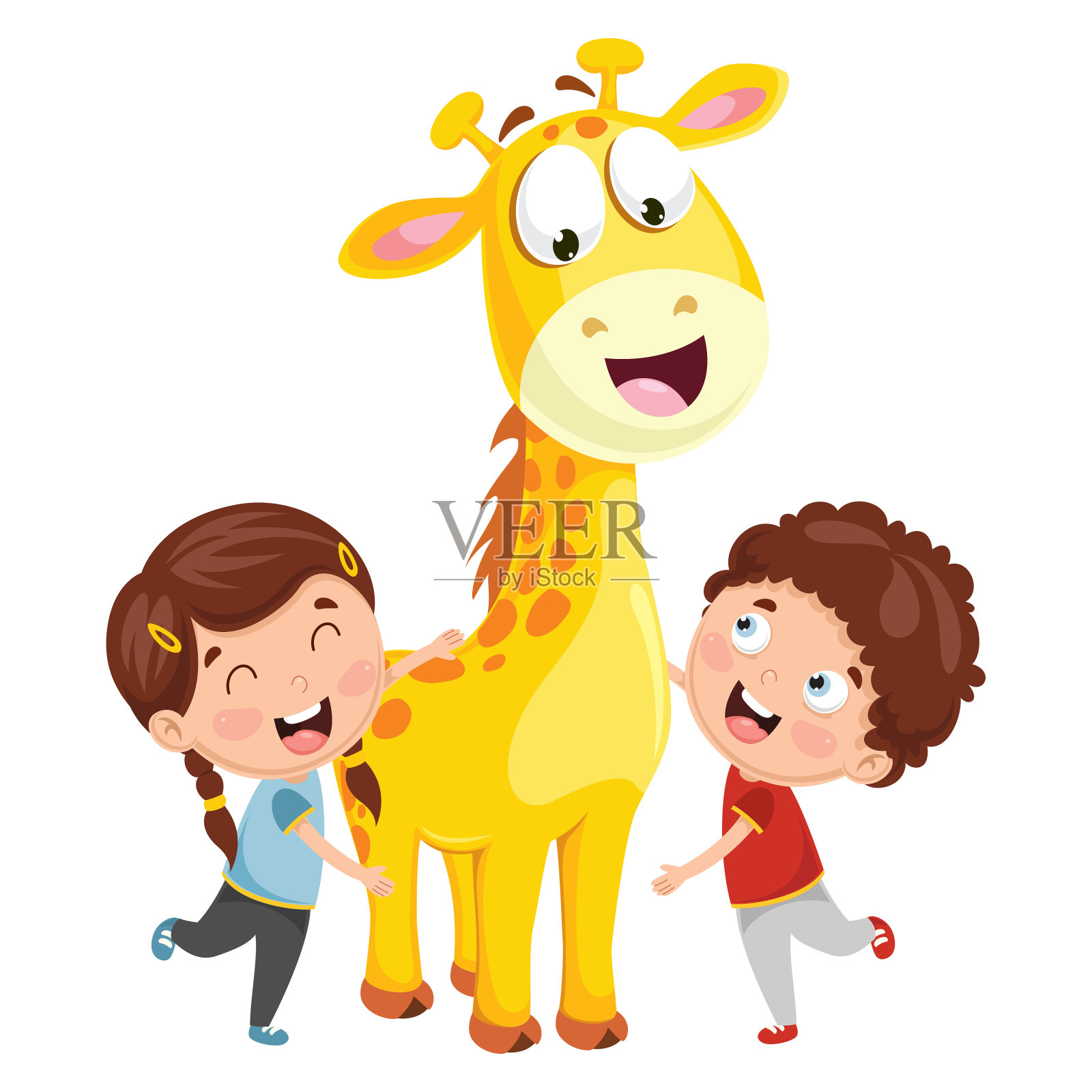 矢量插图的卡通孩子与长颈鹿设计元素图片