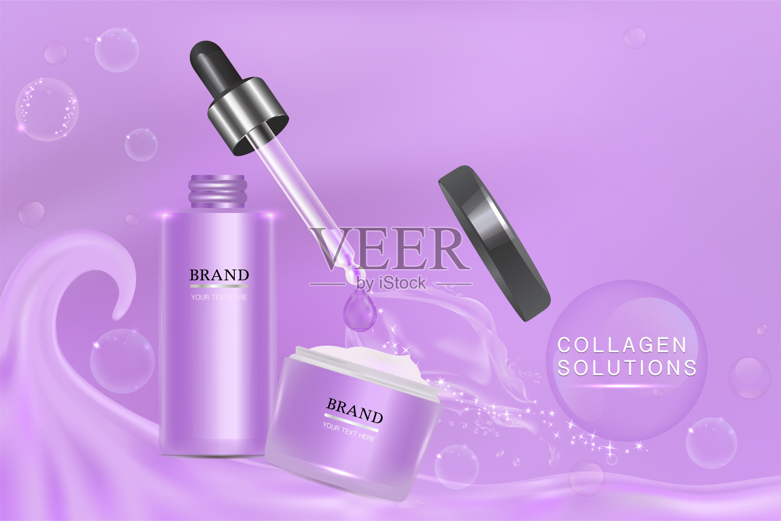 紫色化妆品容器与广告背景随时可用，液体喷溅护肤广告设计模板素材