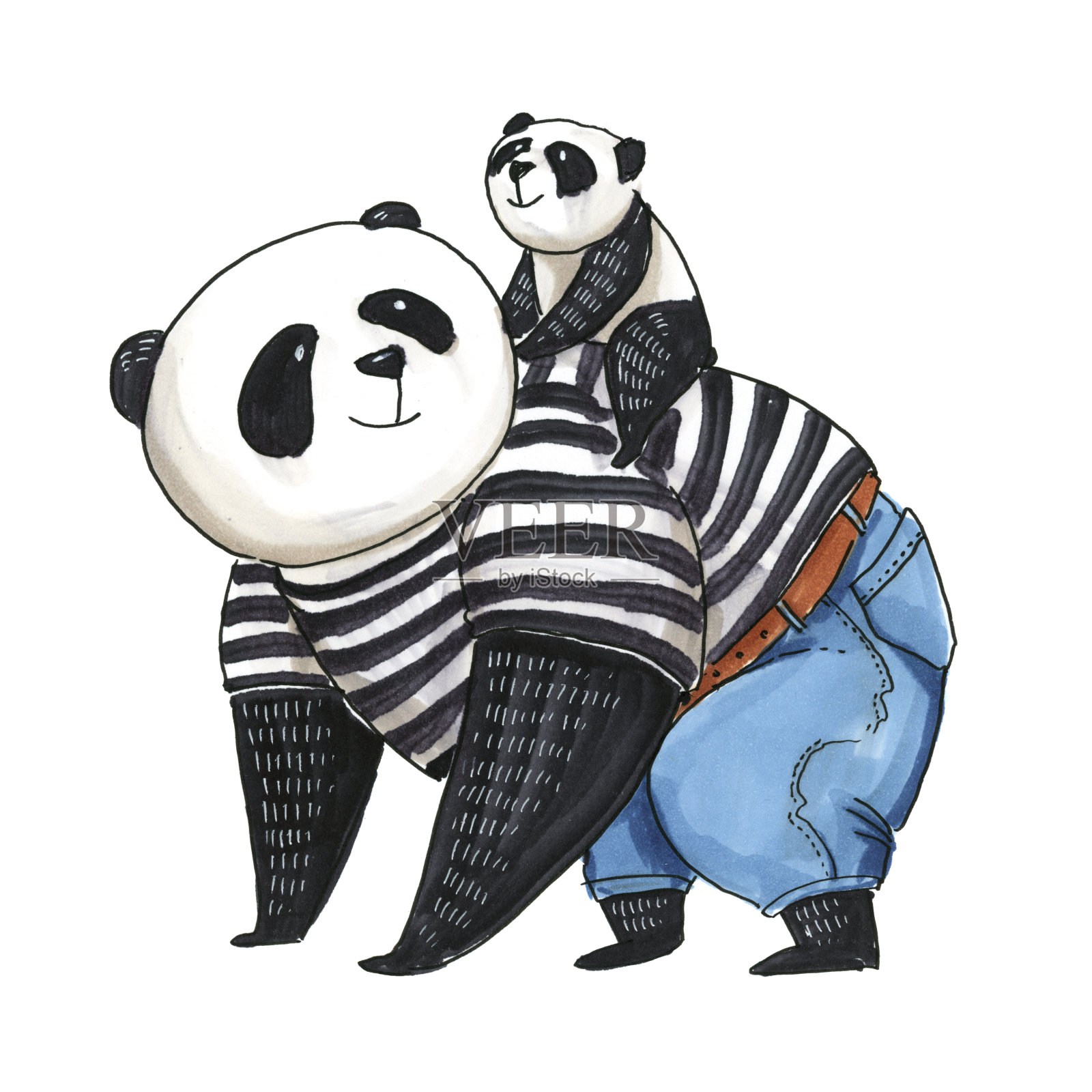 标记颜色插图。熊猫爸爸穿着黑色和白色的t恤，背着他的小儿子走了很远插画图片素材