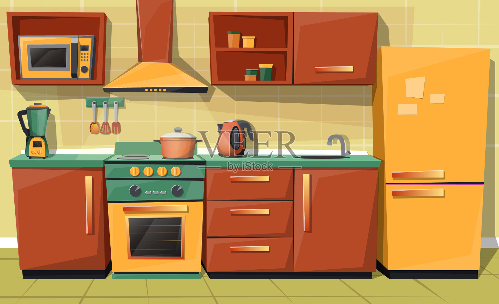 矢量卡通厨房柜台与电器，家具插画图片素材