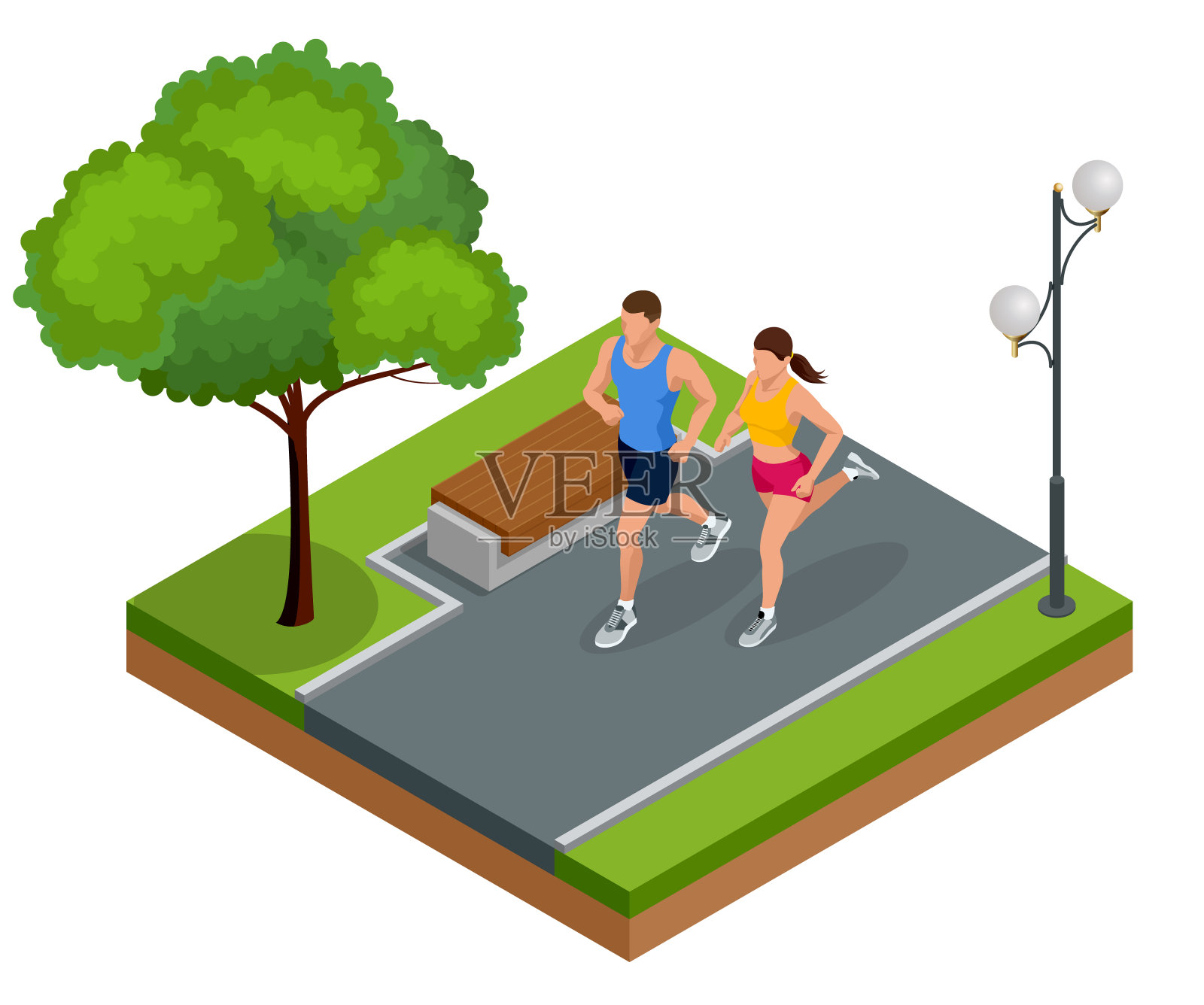 年轻男女在城市公园跑步。运动员在城市地区训练，健康的生活方式和运动理念。插画图片素材