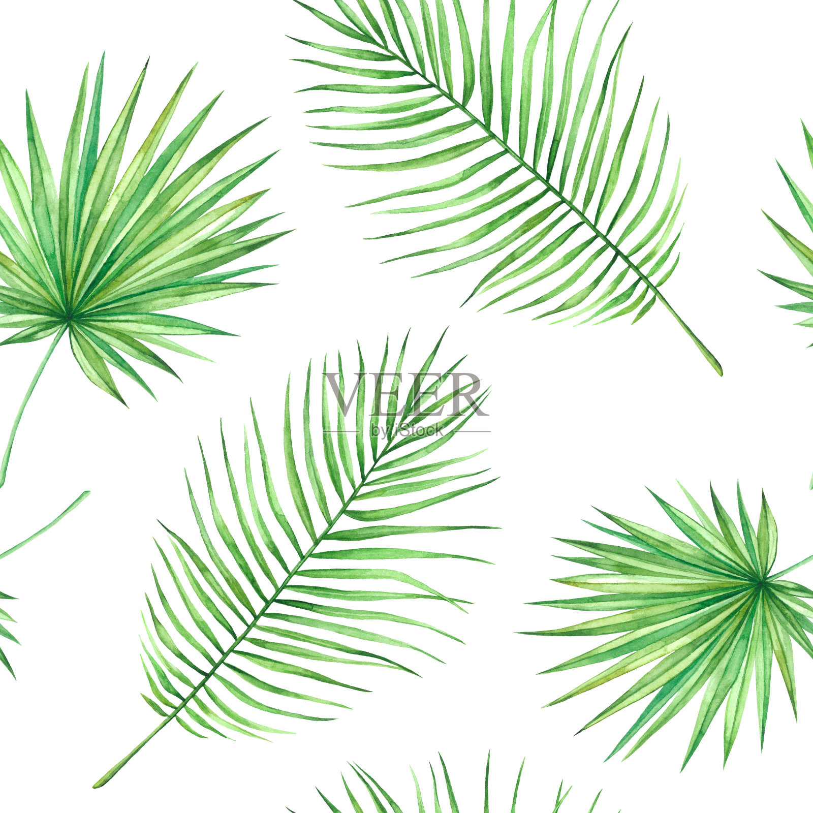 无缝水彩模式与热带树叶插画图片素材