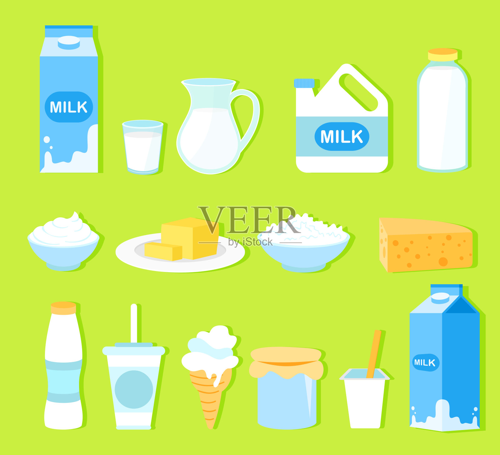 矢量插图系列牛奶产品在平面卡通风格。收集牛奶、黄油、奶酪、酸奶、白软干酪、酸奶油、冰淇淋、奶油，孤立在绿色背景上。插画图片素材