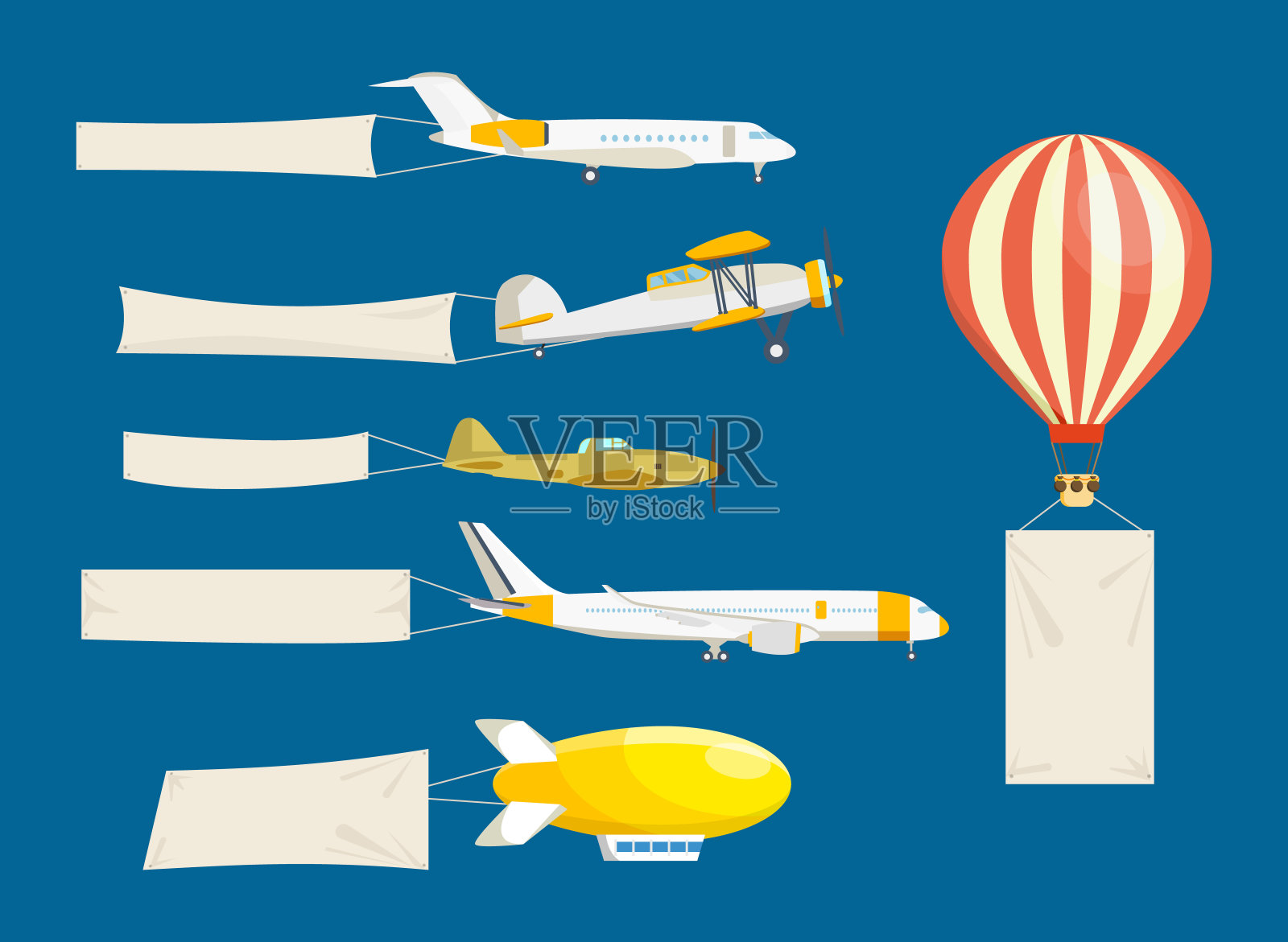 一套空中交通工具的概念与白色横幅插画图片素材