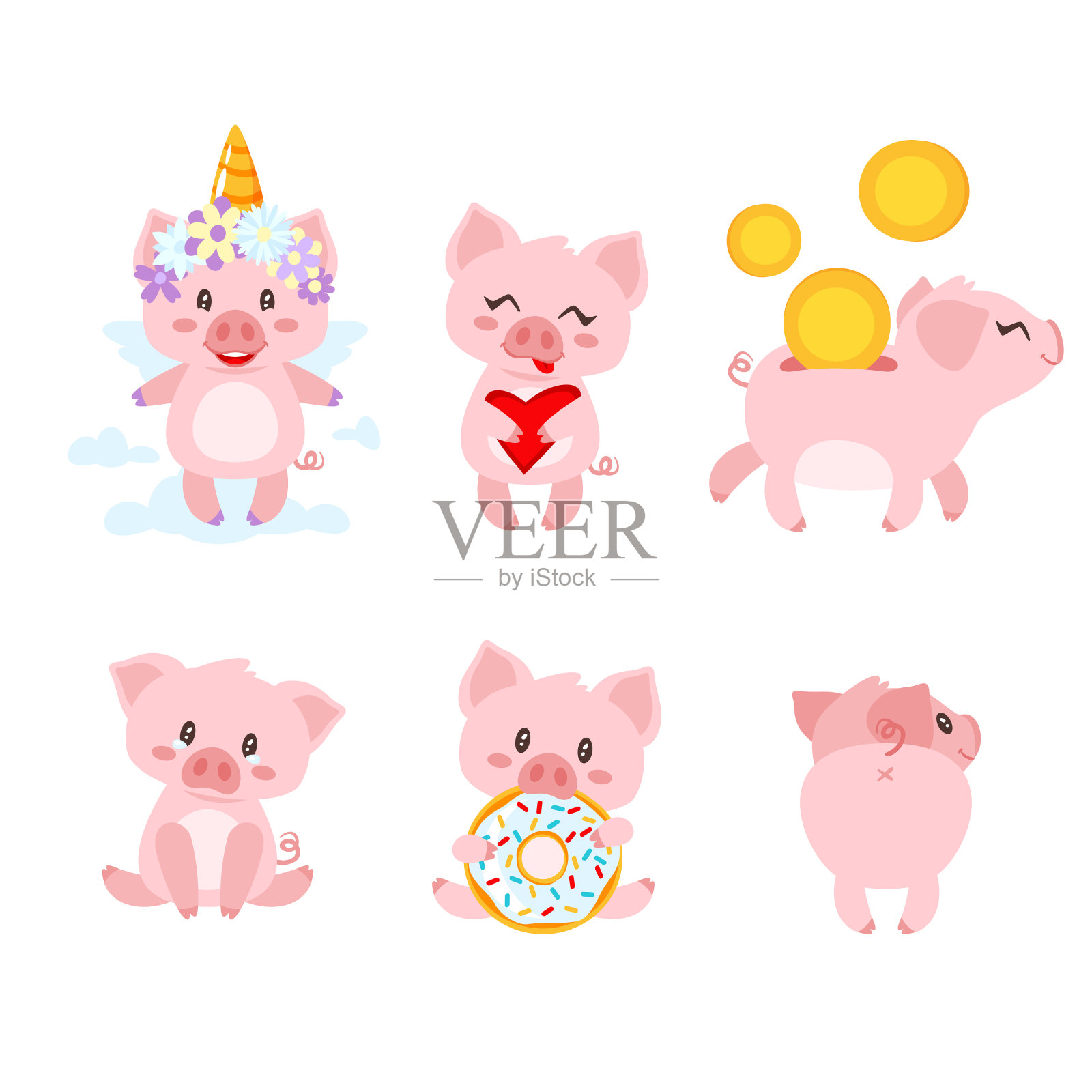一组可爱的粉色小猪插画图片素材