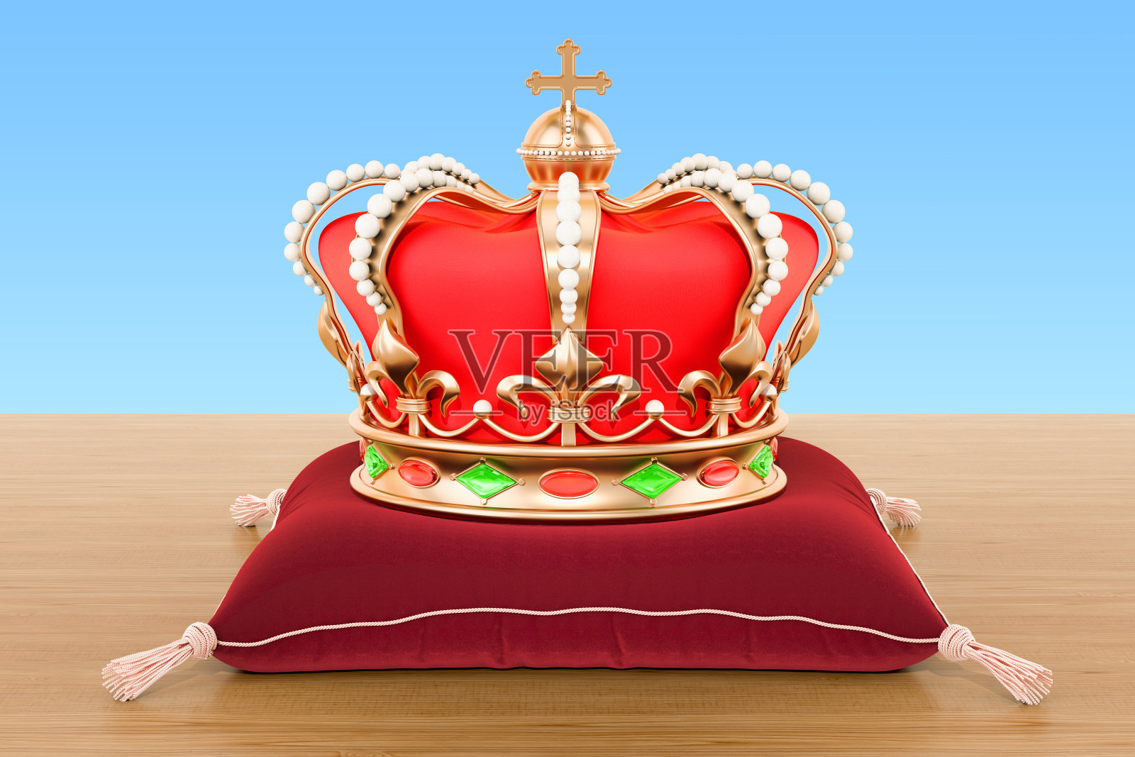 皇家皇冠放在红色天鹅绒枕头上，放在木桌上。三维渲染照片摄影图片