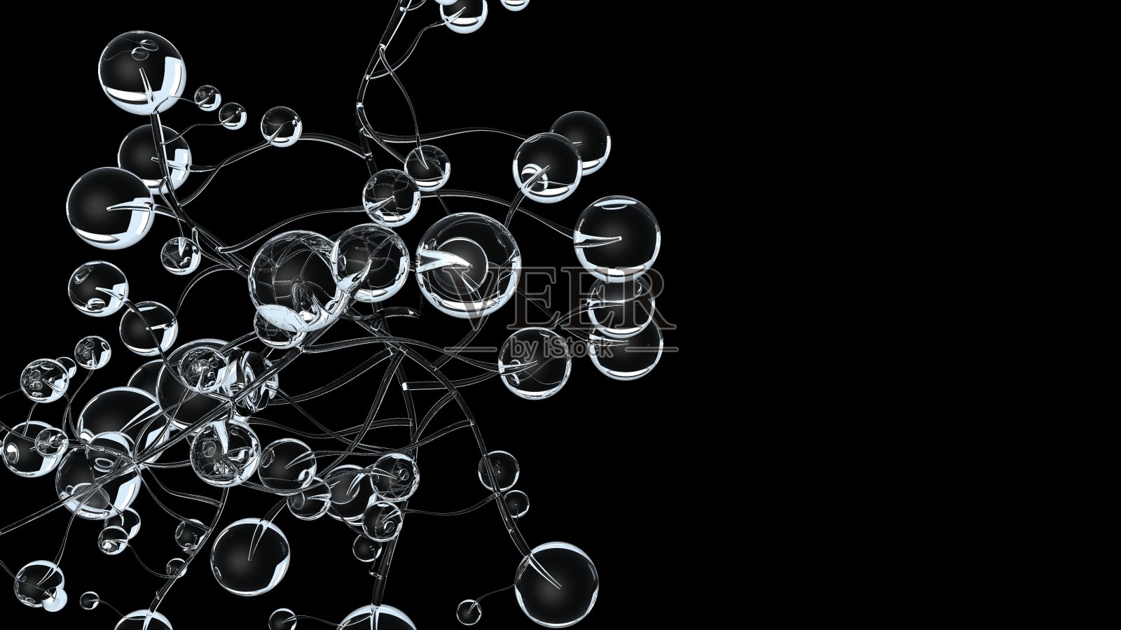 黑色背景上的3D分子或原子。摘要分子结构具有白色透明球形颗粒，具有医学背景。科学的概念。3 d渲染插图。照片摄影图片
