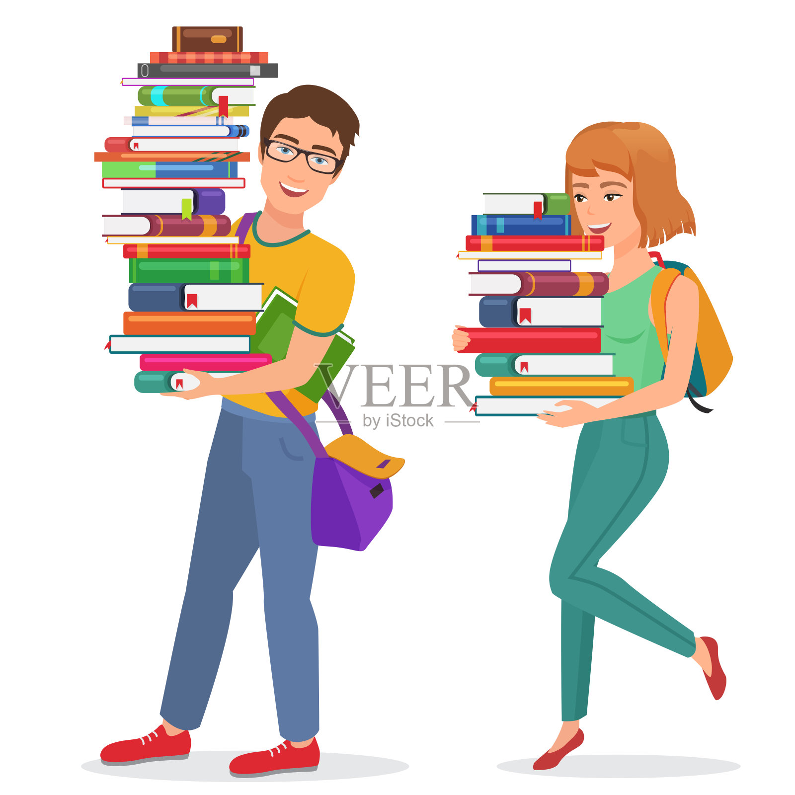 矢量知识教育插图与男生和女生携带了大量的书籍。一男一女学生拿着书。插画图片素材