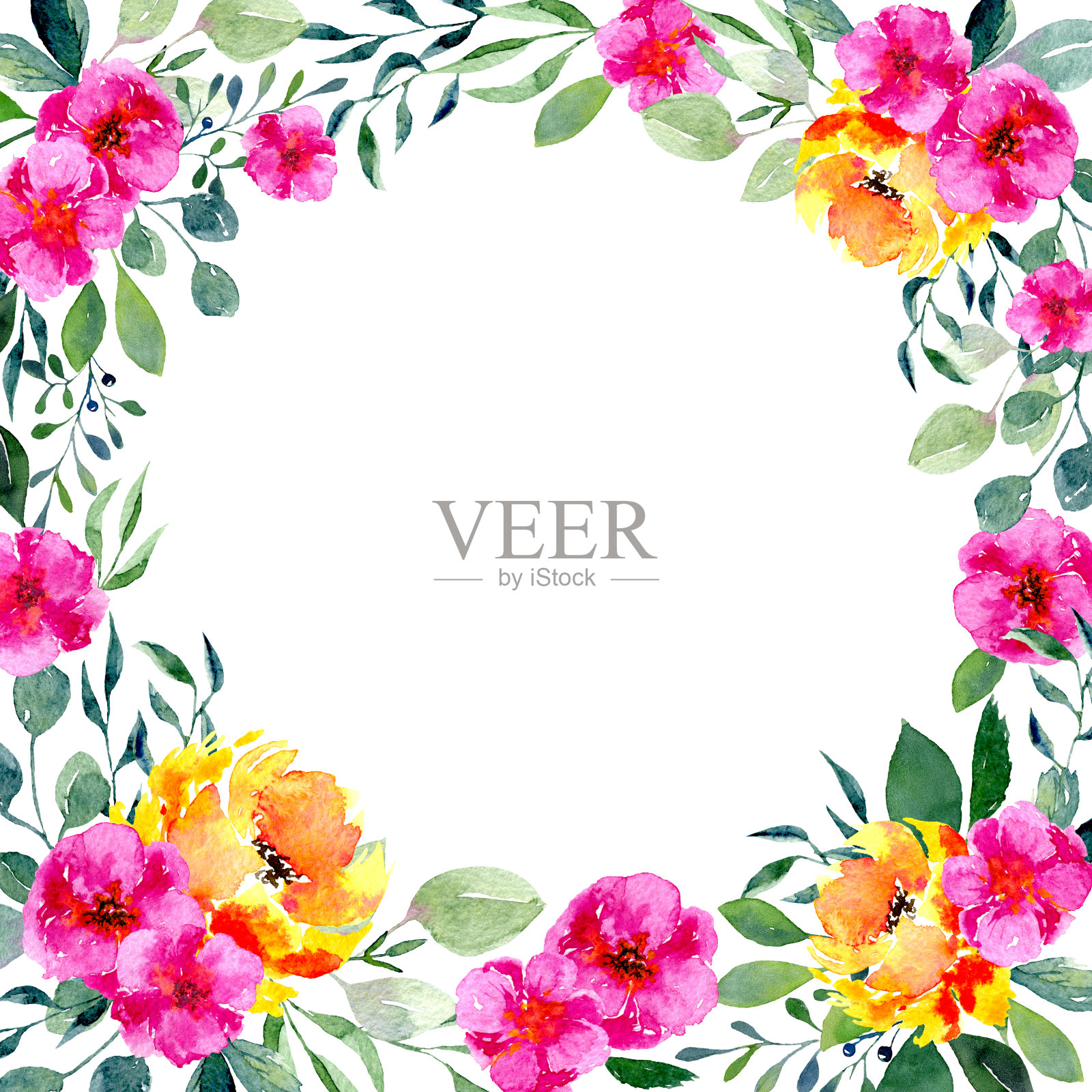 水彩花卉框架。背景与新鲜的春天树叶，鲜艳的花和地方的文字插画图片素材