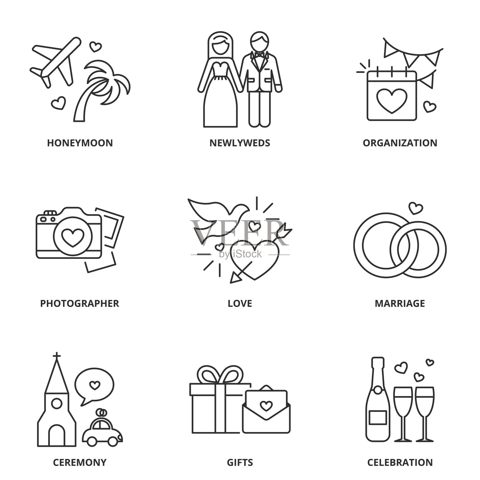婚礼图标集:蜜月，新婚夫妇，组织，摄影师，爱，结婚，仪式，礼物，庆祝图标素材