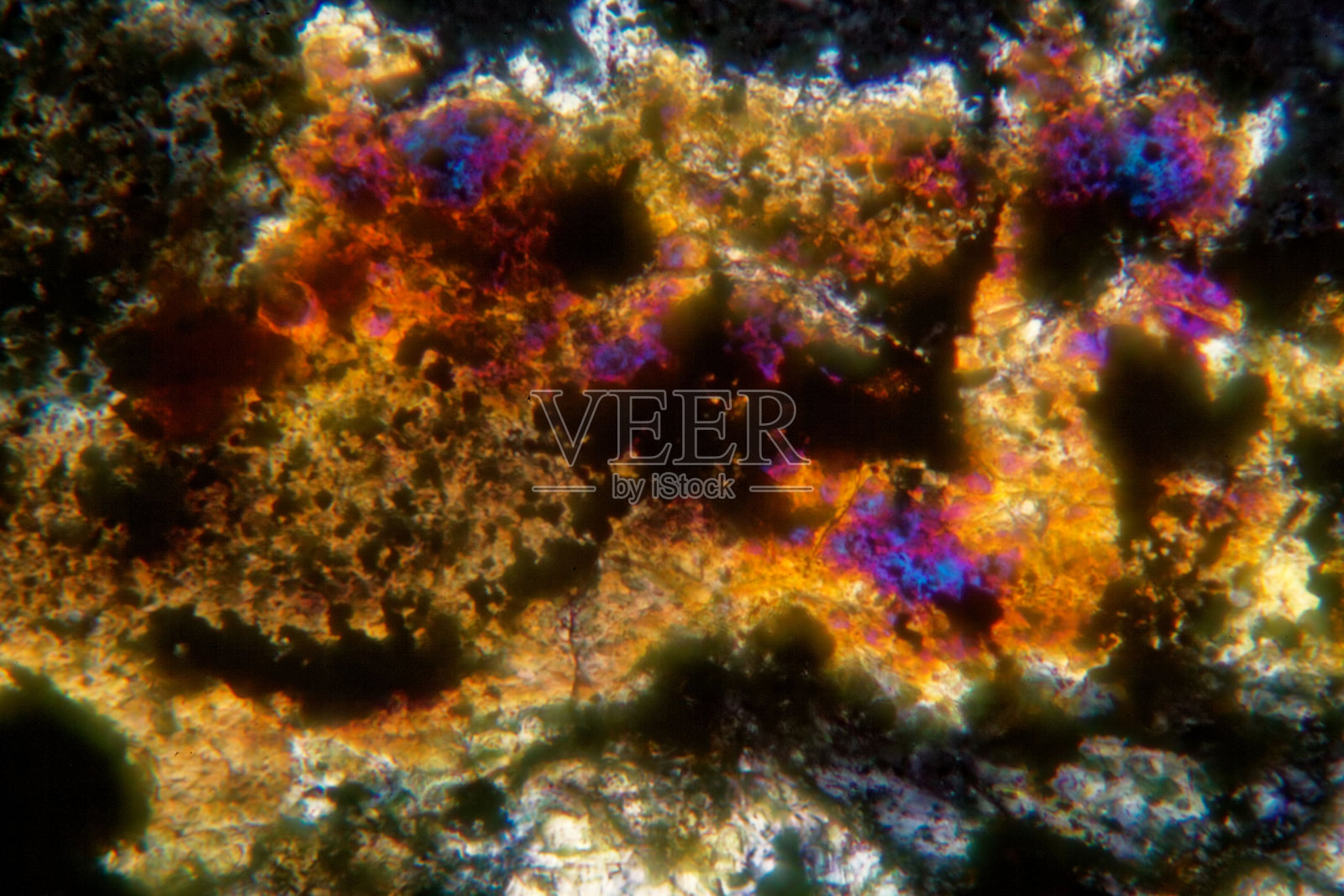 陨石NWA 6870在偏振光显微镜下的岩石薄片。照片摄影图片
