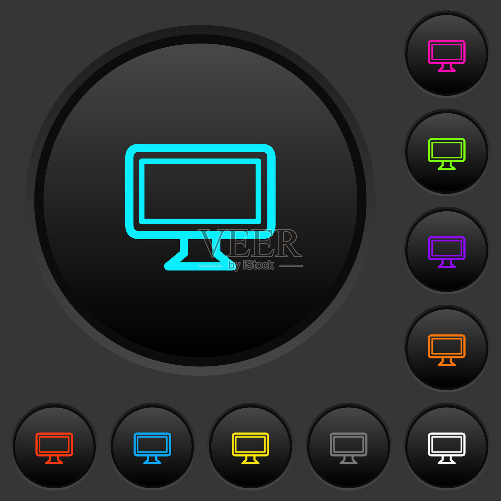 单显示器暗色按钮与彩色图标图标素材