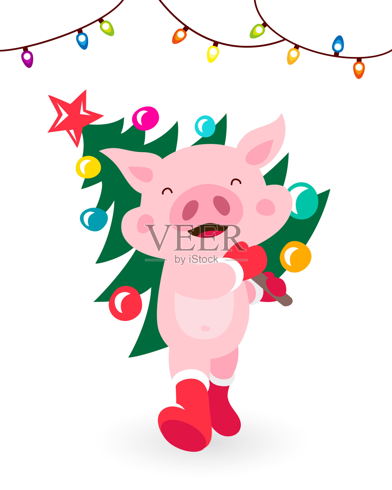 有趣的猪拿着一棵圣诞树插画图片素材