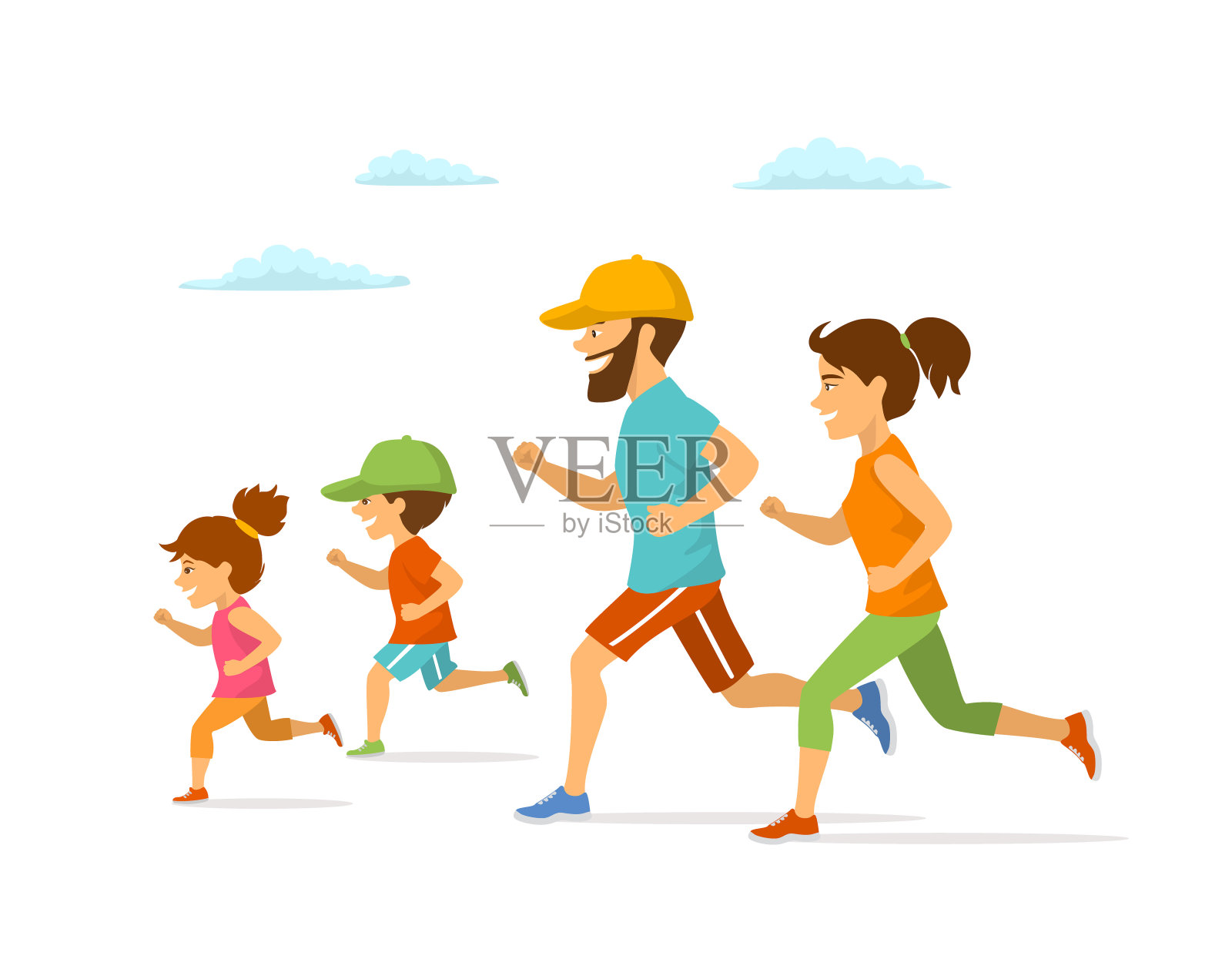 可爱欢快的卡通家庭一起跑步慢跑孤立的矢量插图户外运动孤立的场景插画图片素材