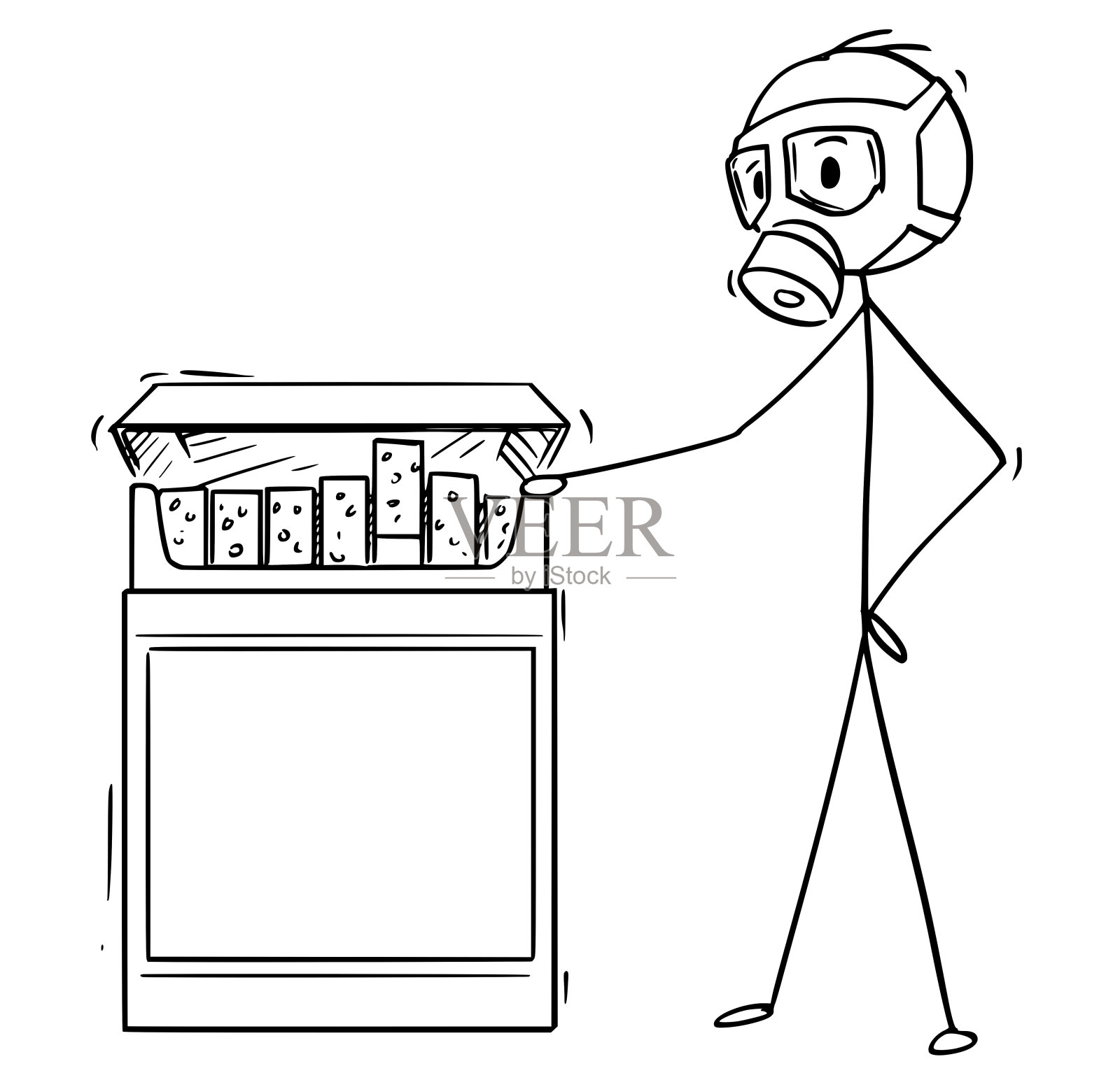 漫画中的男人戴着防毒面具看着一大盒香烟插画图片素材