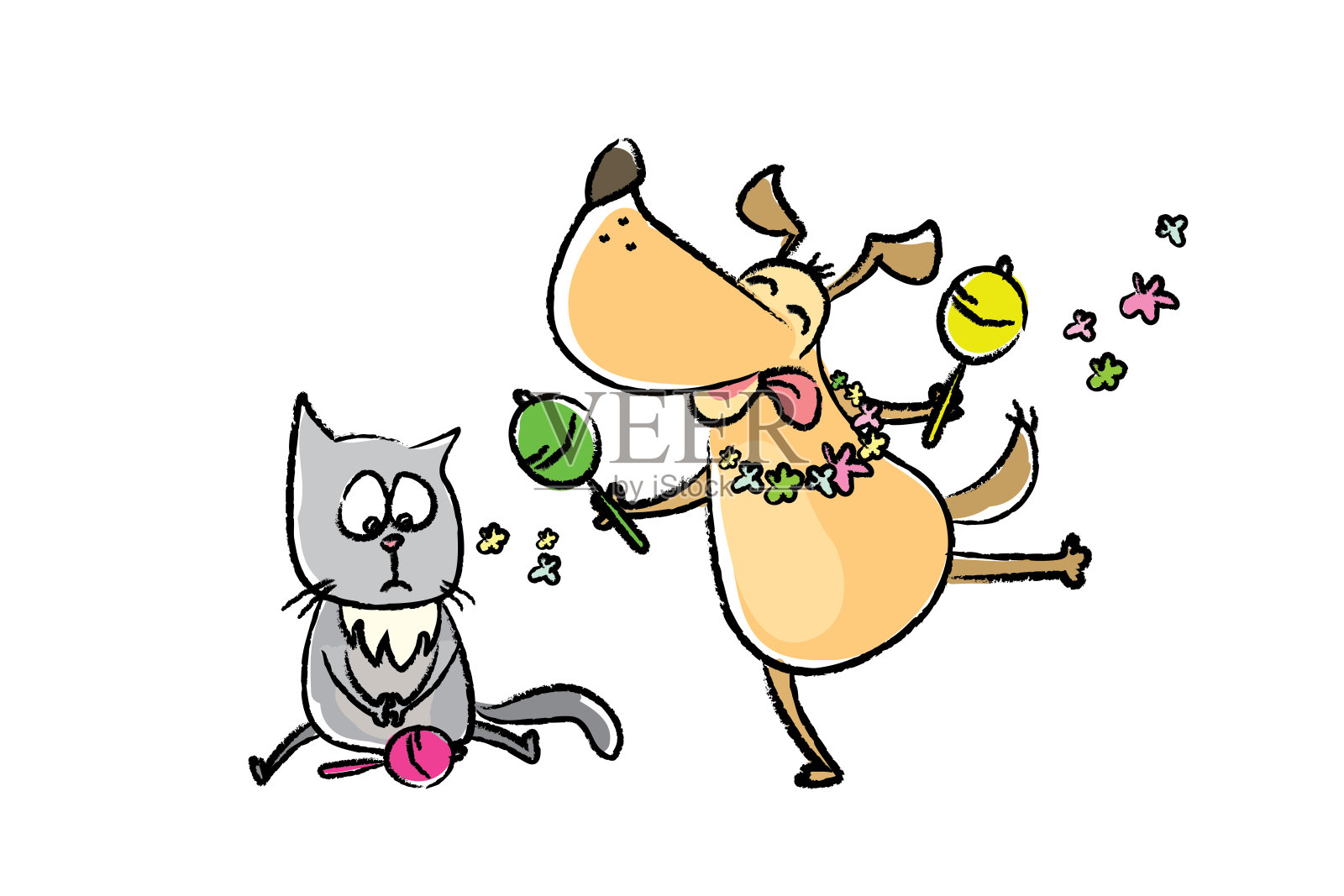悲伤的猫和快乐的狗与沙球跳舞插画图片素材