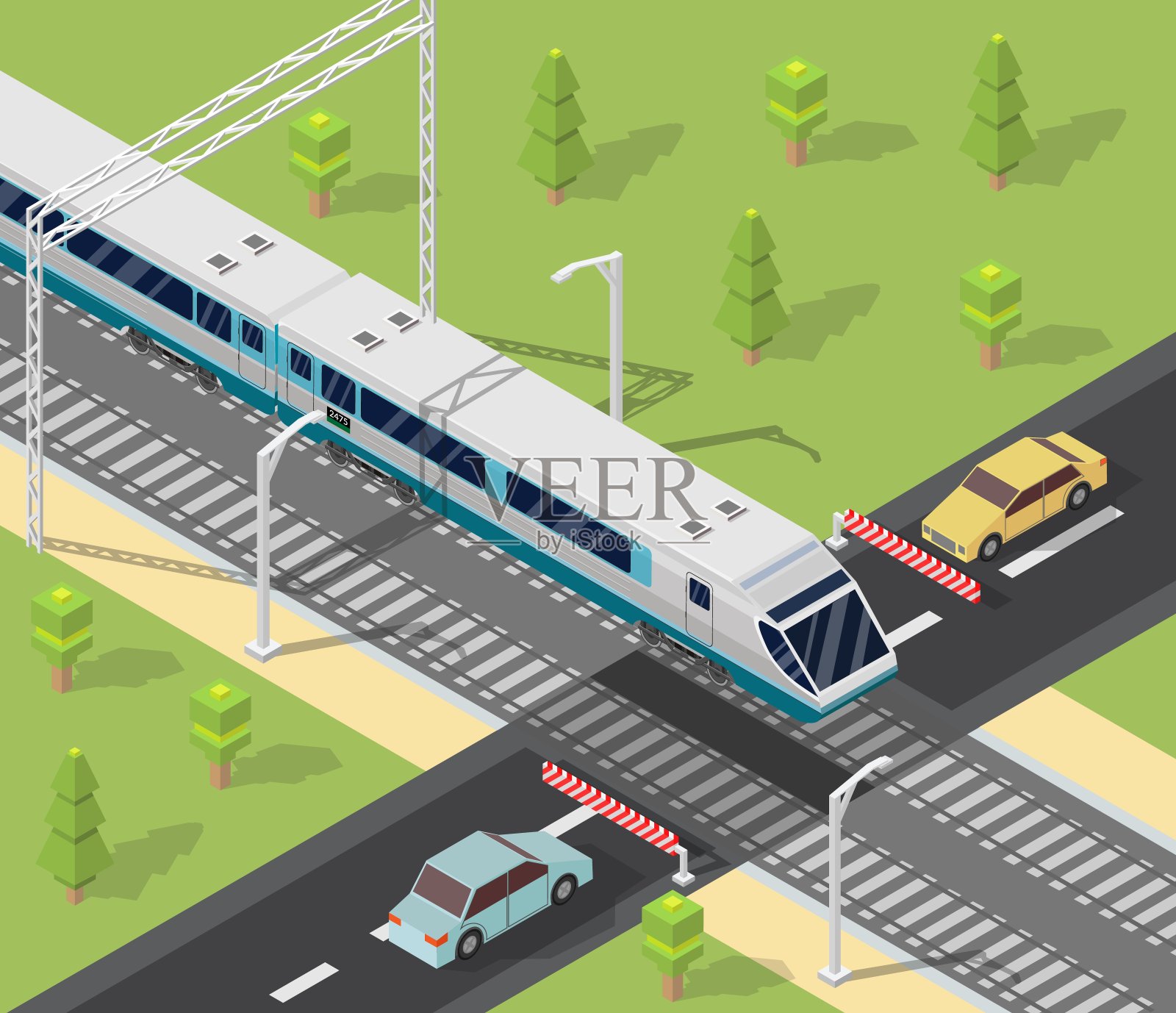 等距低多边形火车，铁路和汽车矢量插图背景插画图片素材