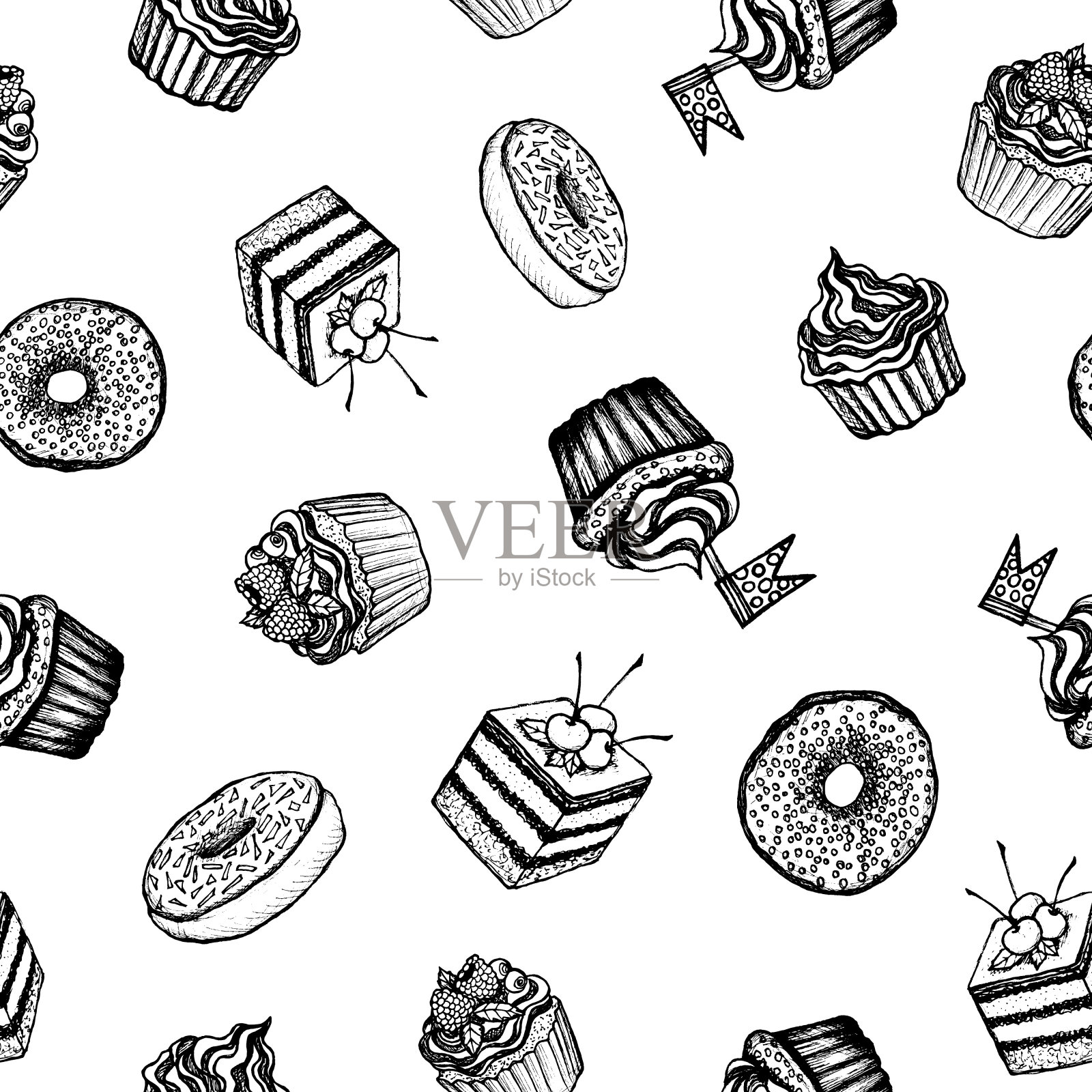 甜点-黑白无缝图案手绘蛋糕和甜甜圈插画图片素材