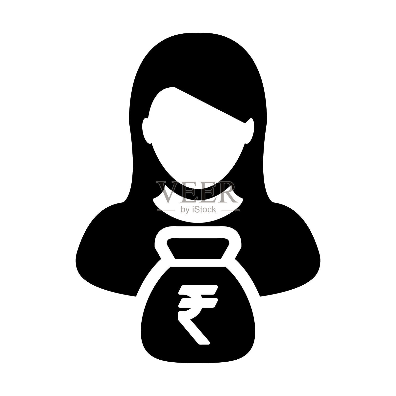 印度卢比符号图标向量人女性符号阿凡达与商业金融和银行储蓄帐户的钱袋在象形图设计元素图片