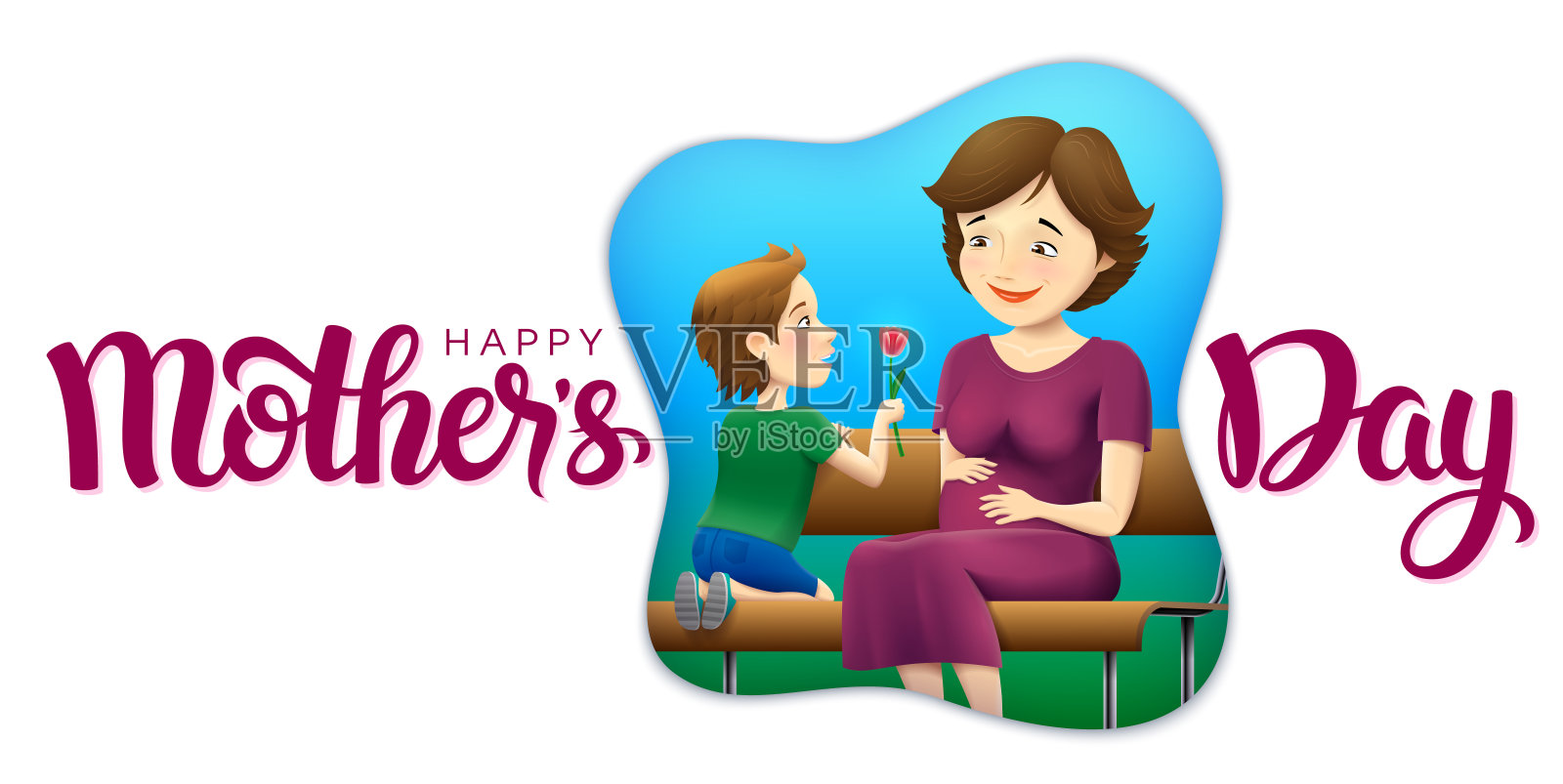 向量母亲节快乐贺卡。一个儿子给他怀孕的妈妈送花的插图。插画图片素材