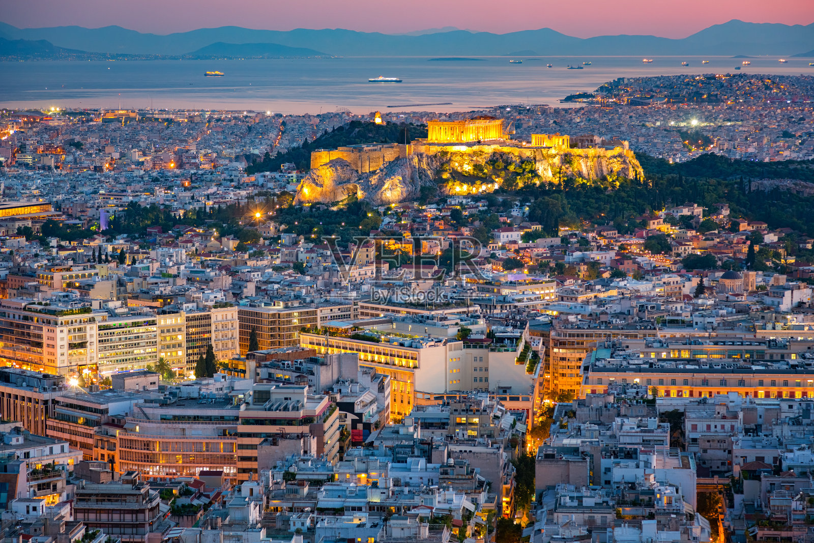 鸟瞰雅典，希腊日落照片摄影图片