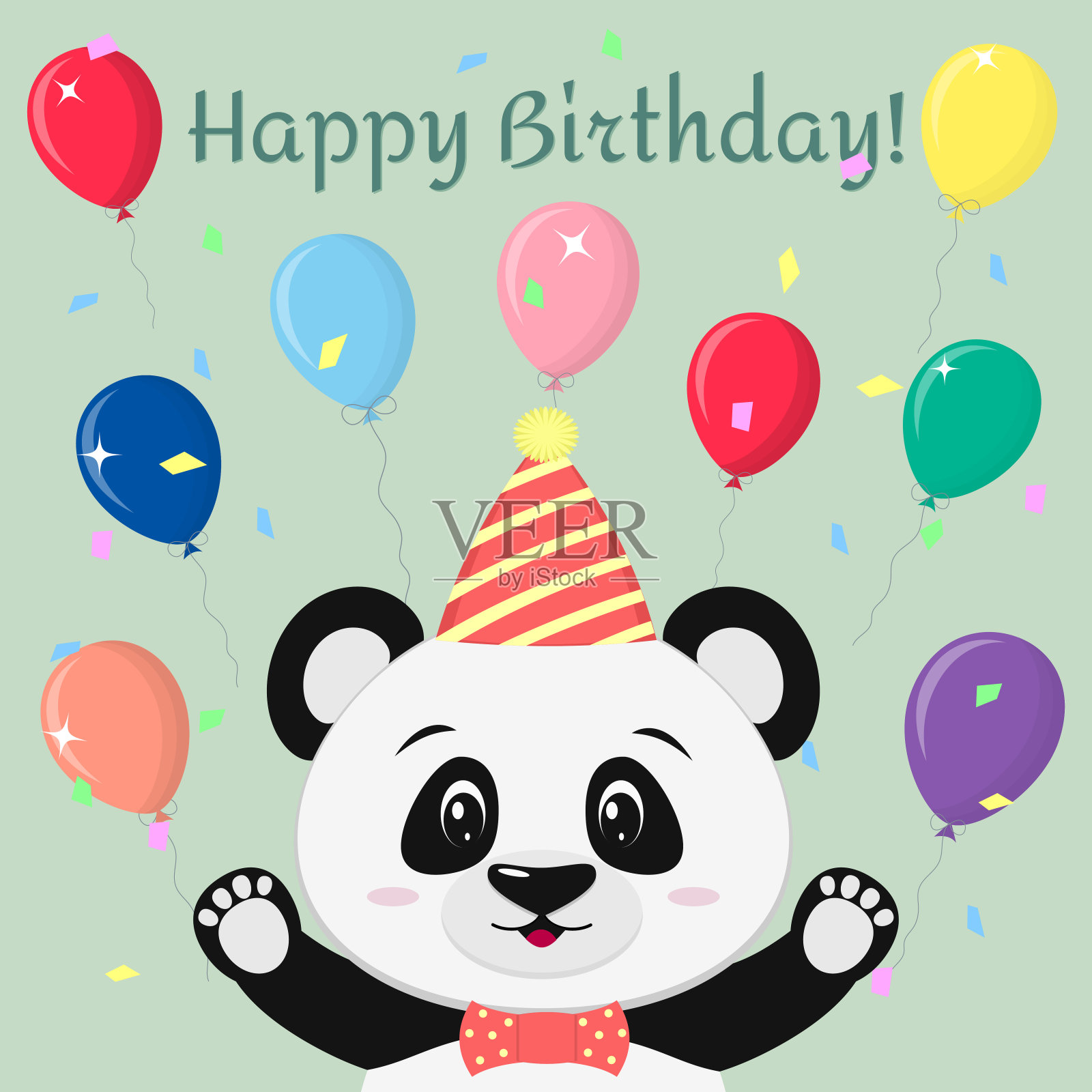 一只可爱的熊猫戴着蝴蝶帽，打着领带，双臂高举，以卡通风格的气球为背景插画图片素材