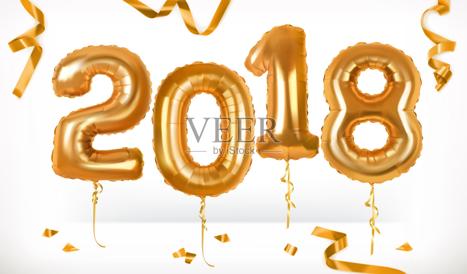 金色的玩具气球。2018年新年快乐。3 d矢量图标插画图片素材