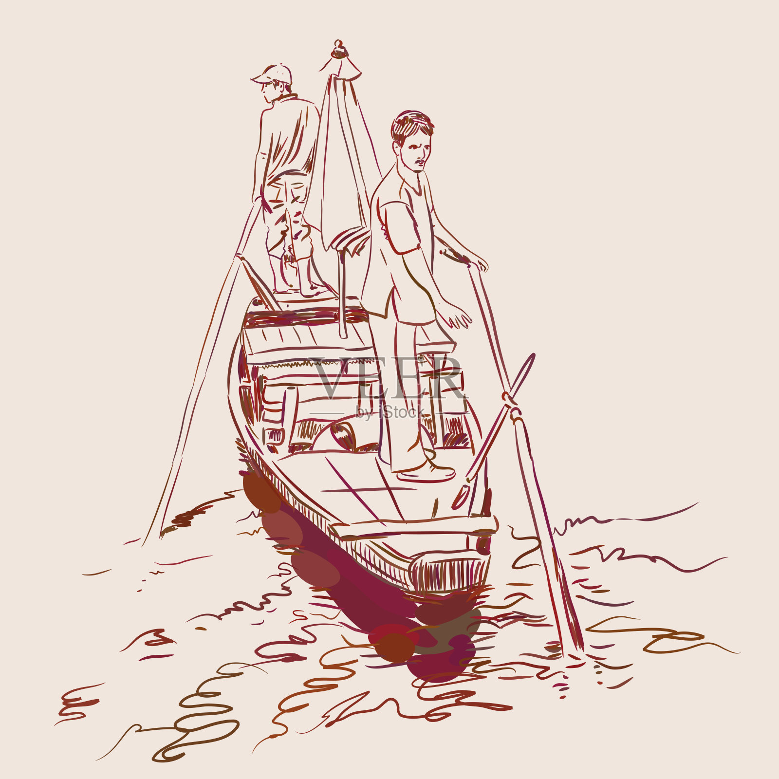 画出两个人站在河中一条小船的边缘，手里拿着桨。棕色轮廓在米色背景。向量插画图片素材