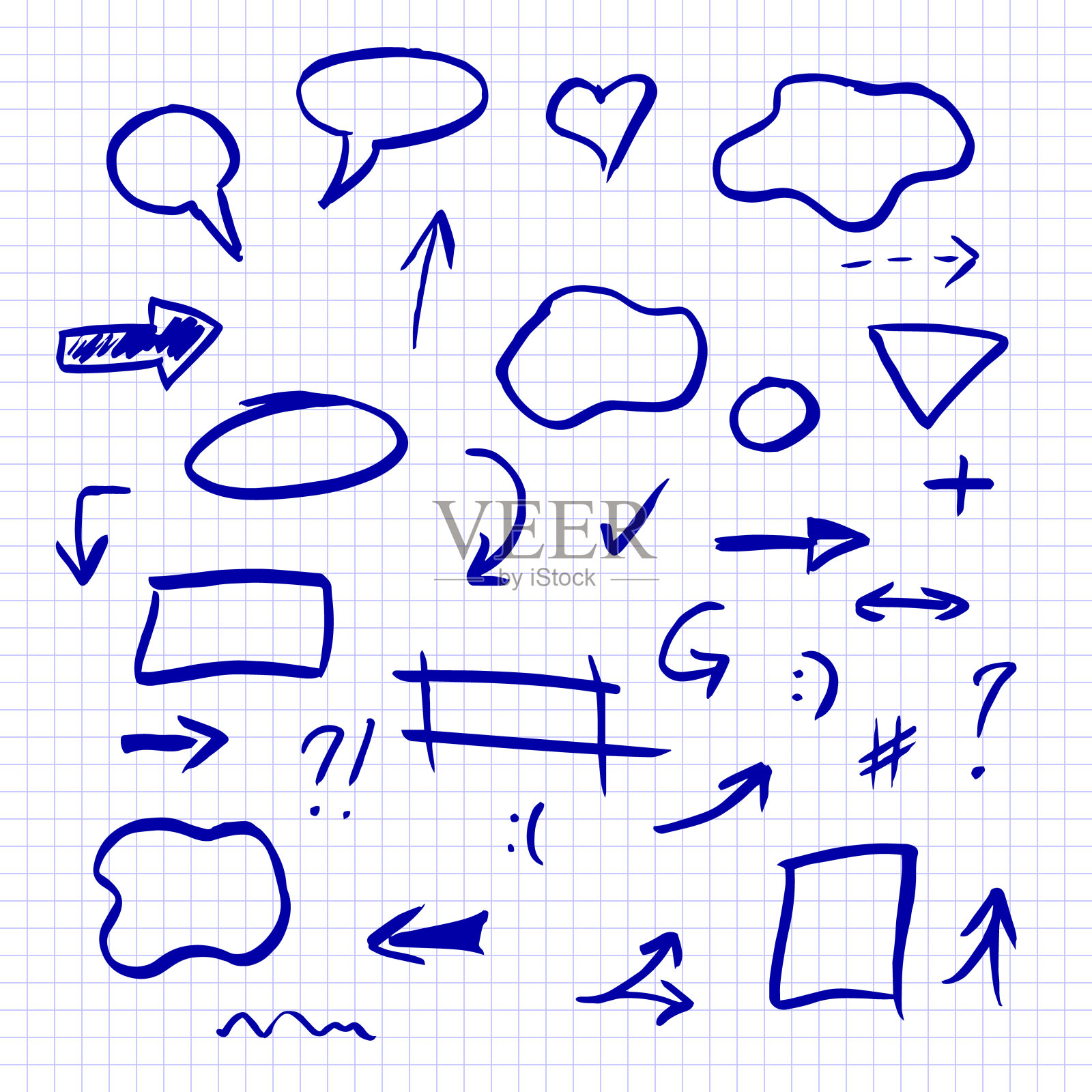 手绘矢量插图集孤立在方格笔记本表。箭头，数学符号，数字，语音气泡，纠正和突出元素。涂鸦草图图标。插画图片素材
