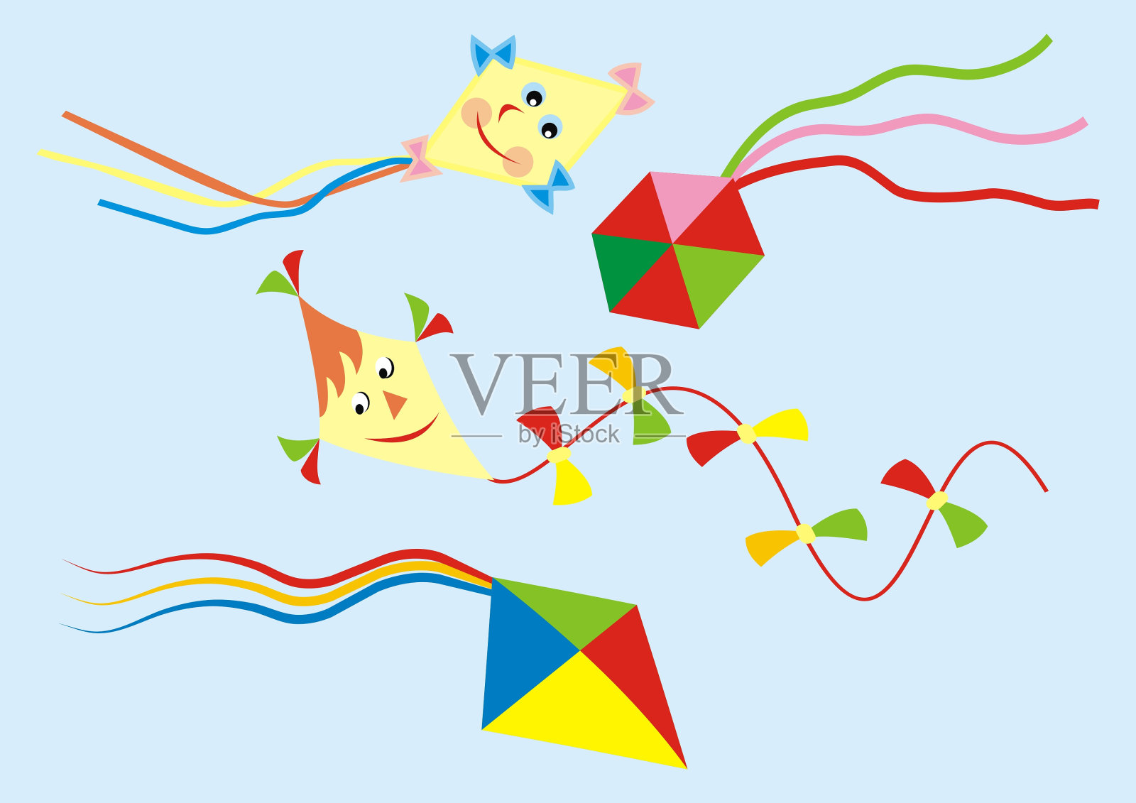 一组纸风筝在天空中，矢量图标，背景插画图片素材