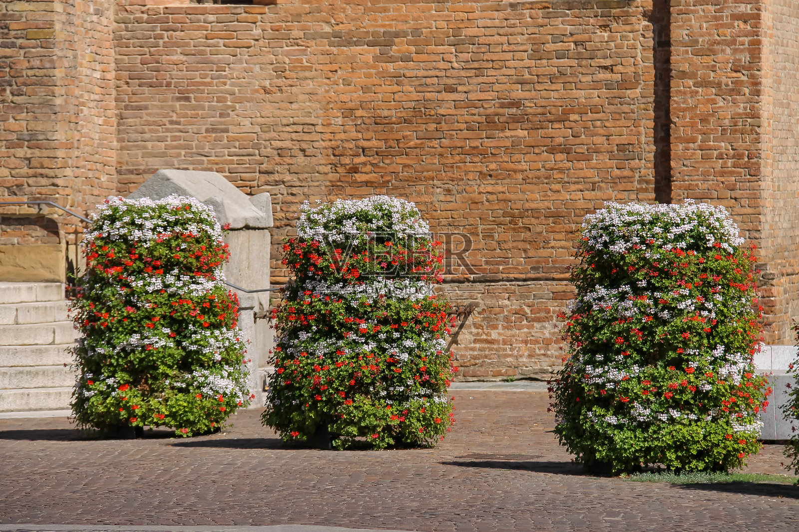 意大利皮亚琴察，古长方形教堂背景上装饰性的花柱照片摄影图片