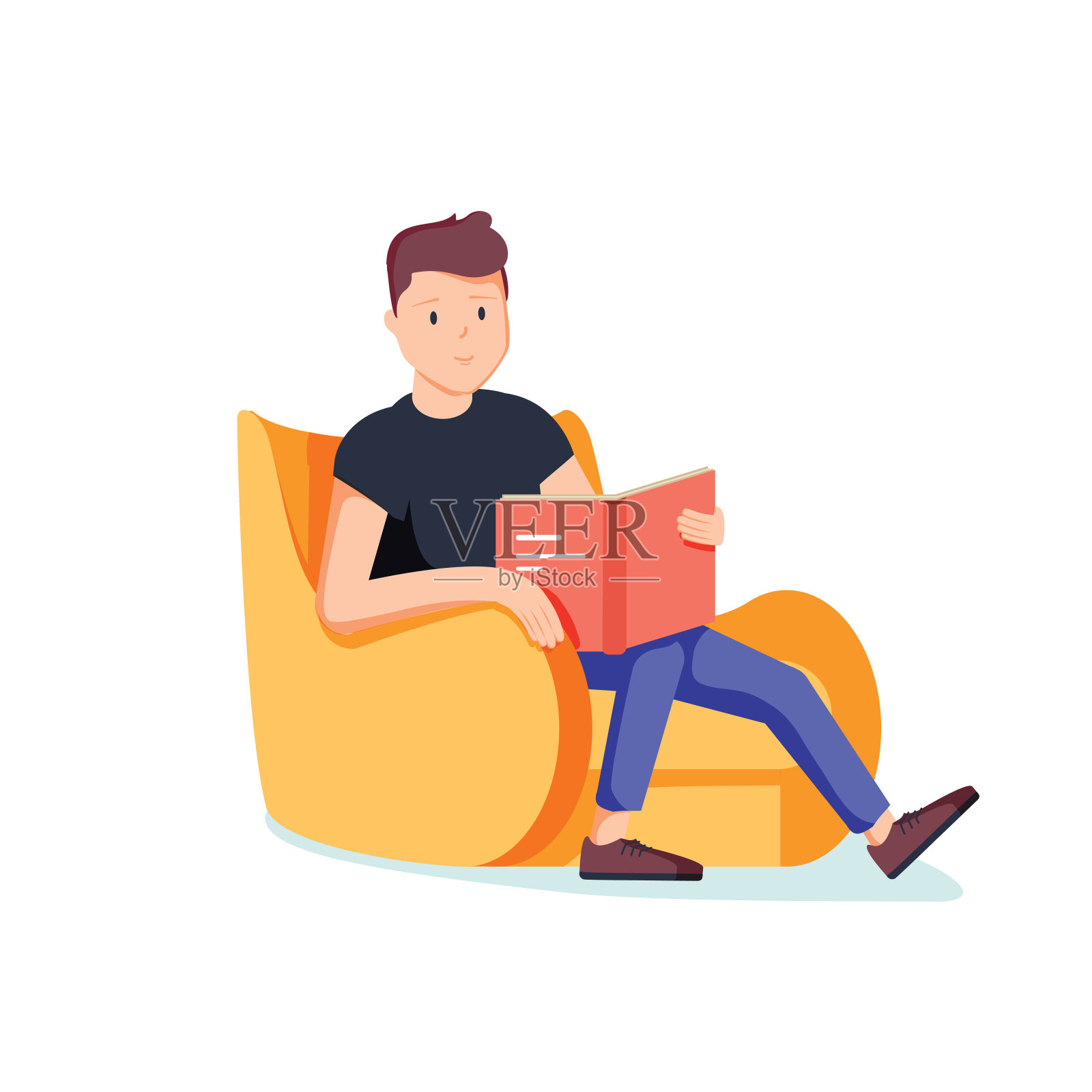 一个坐在扶手椅上看书的白人。年轻聪明的学生喝咖啡，在家里读小说。插画图片素材