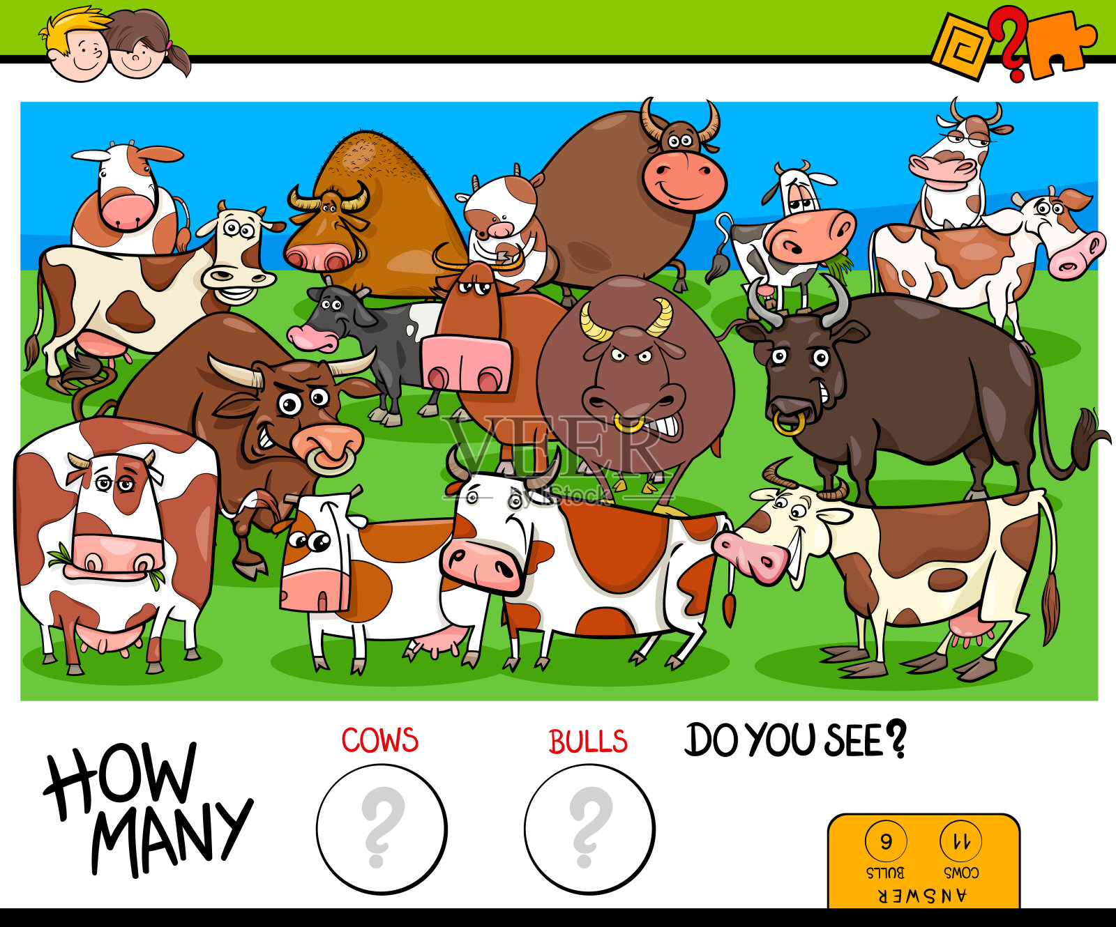 数牛和公牛是孩子们的教育游戏插画图片素材