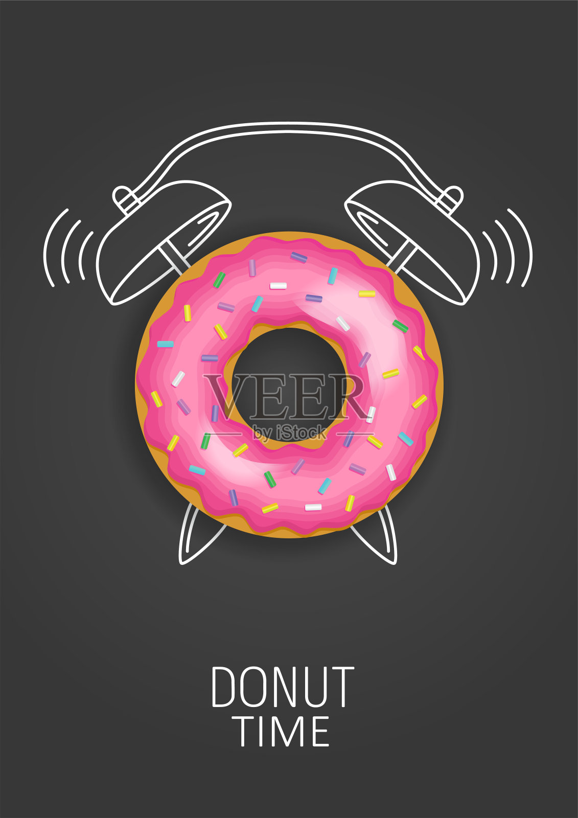 甜甜圈。现实的粉色甜甜圈和彩绘闹钟。的概念。矢量图插画图片素材