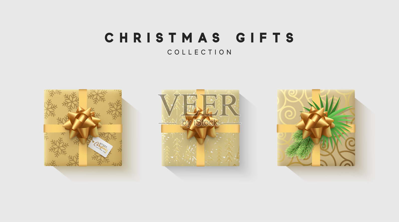 圣诞收集礼盒与蝴蝶结和丝带，是包装在有趣的铝箔图案的冬天插画图片素材