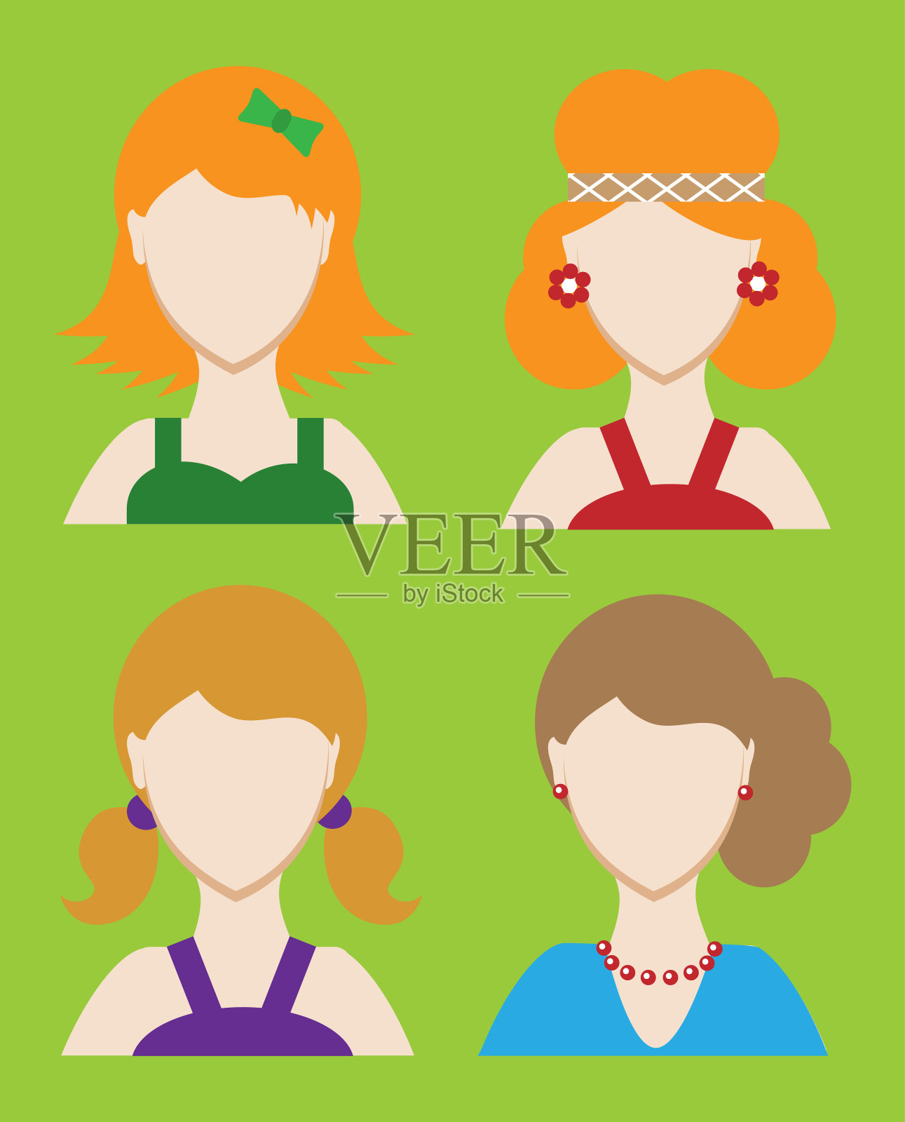 社交网络的一组女性头像或象形图。现代平面多彩的风格。向量设计元素图片